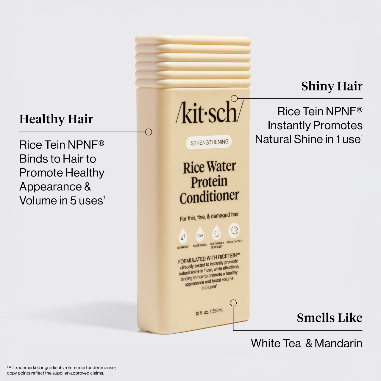 Bottle of Kitsch Strengthening Rice Water Conditioner, highlighting protein for shine and volume, designed for thin, fine, damaged hair; bio-based, cruelty-free, and sustainably sourced.