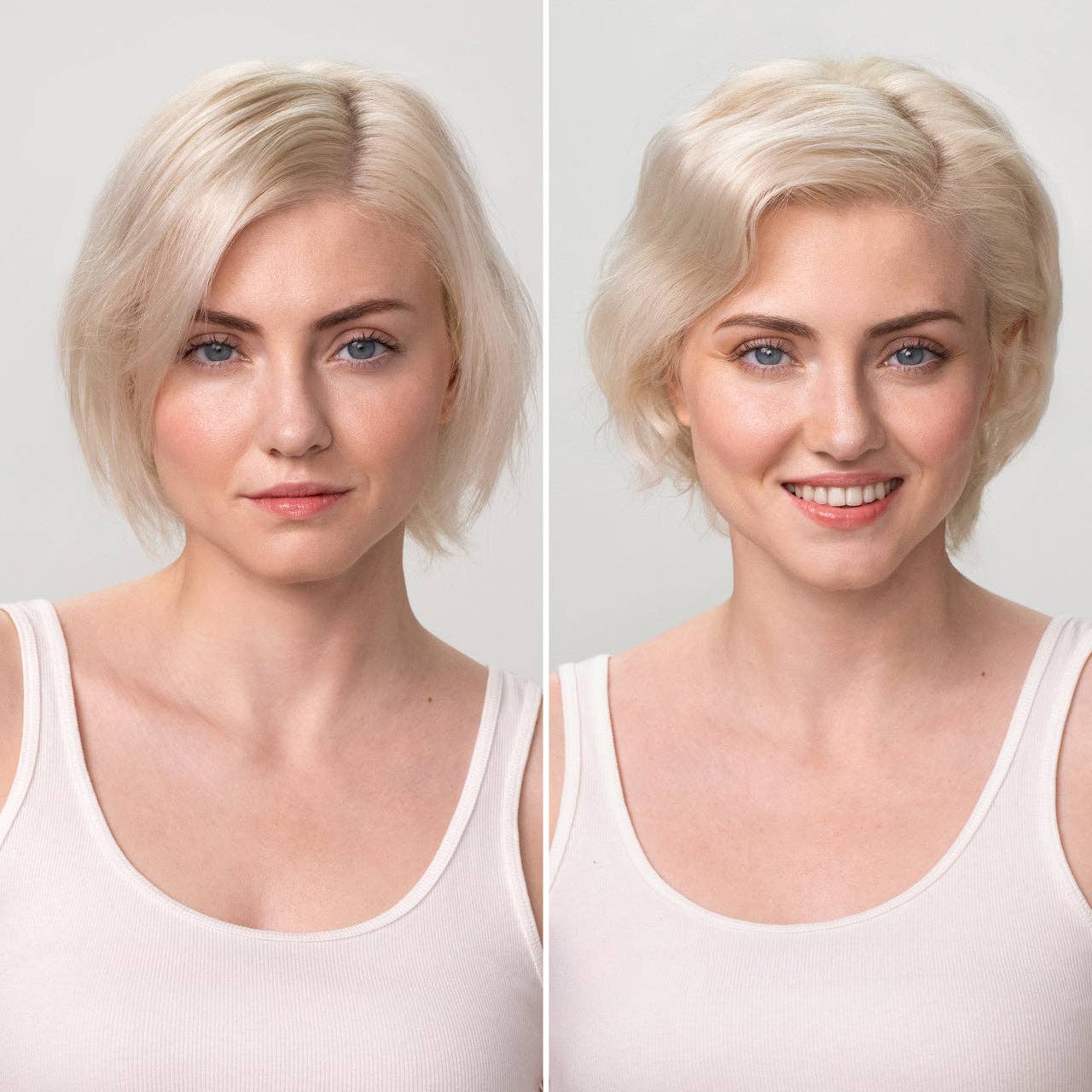 Young woman with platinum-blond hair, showing neutral and smiling expressions, showcasing the effects of the Repairing Argan Oil Conditioner for increased shine and reduced frizz.
