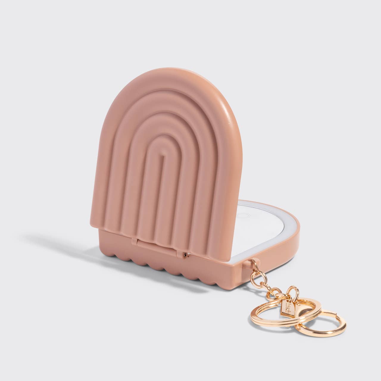 Terracotta Compact Mirror Keychain with LED lighting, gold-tone keychain, dual magnification, and USB-rechargeable. Perfect for on-the-go beauty touch-ups.