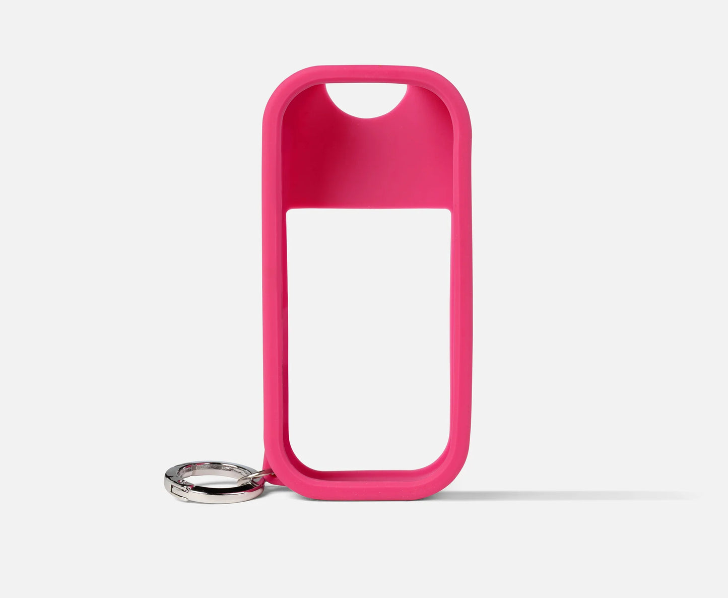 Touchland Mist Case: A bright pink silicone holder with a protective window and metal ring, designed for easy attachment to keys, ideal for carrying small accessories.