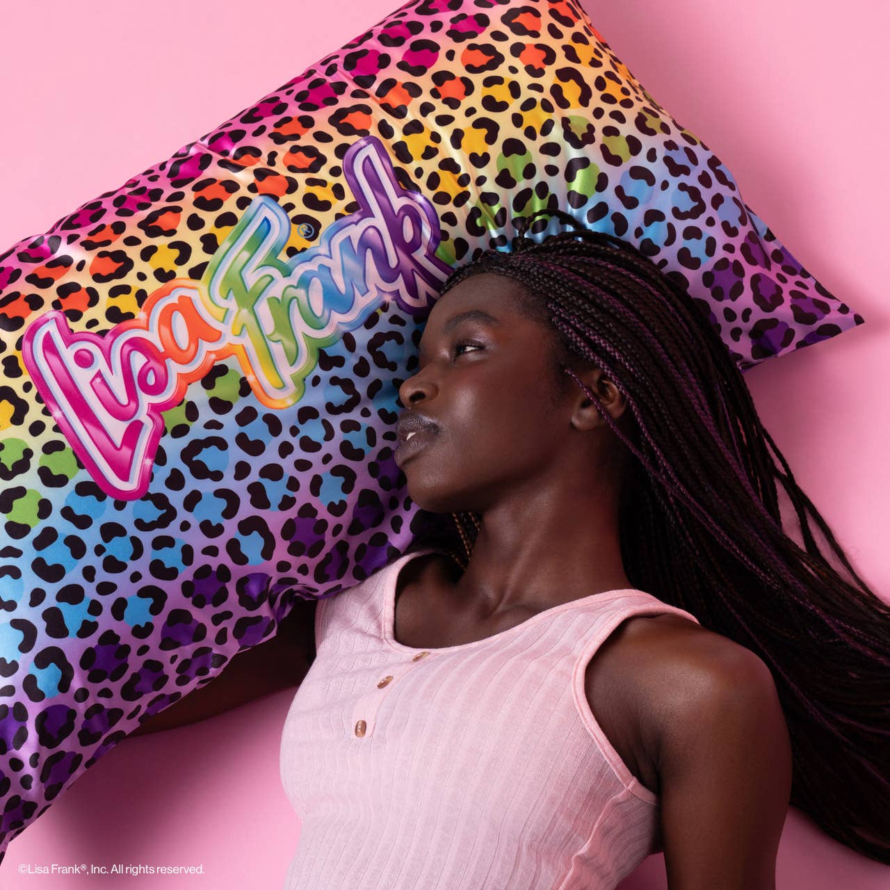 Lisa Frank x Kitsch Standard Satin Pillowcase featuring a rainbow-gradient leopard-print, designed to reduce frizz, breakouts, and facial creases while sleeping.