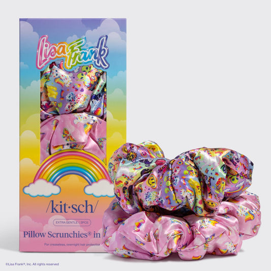 Lisa Frank x Kitsch Pillow Scrunchies® in Satin features two satin scrunchies with vibrant motifs, offering gentle, creaseless hold for overnight hair protection.