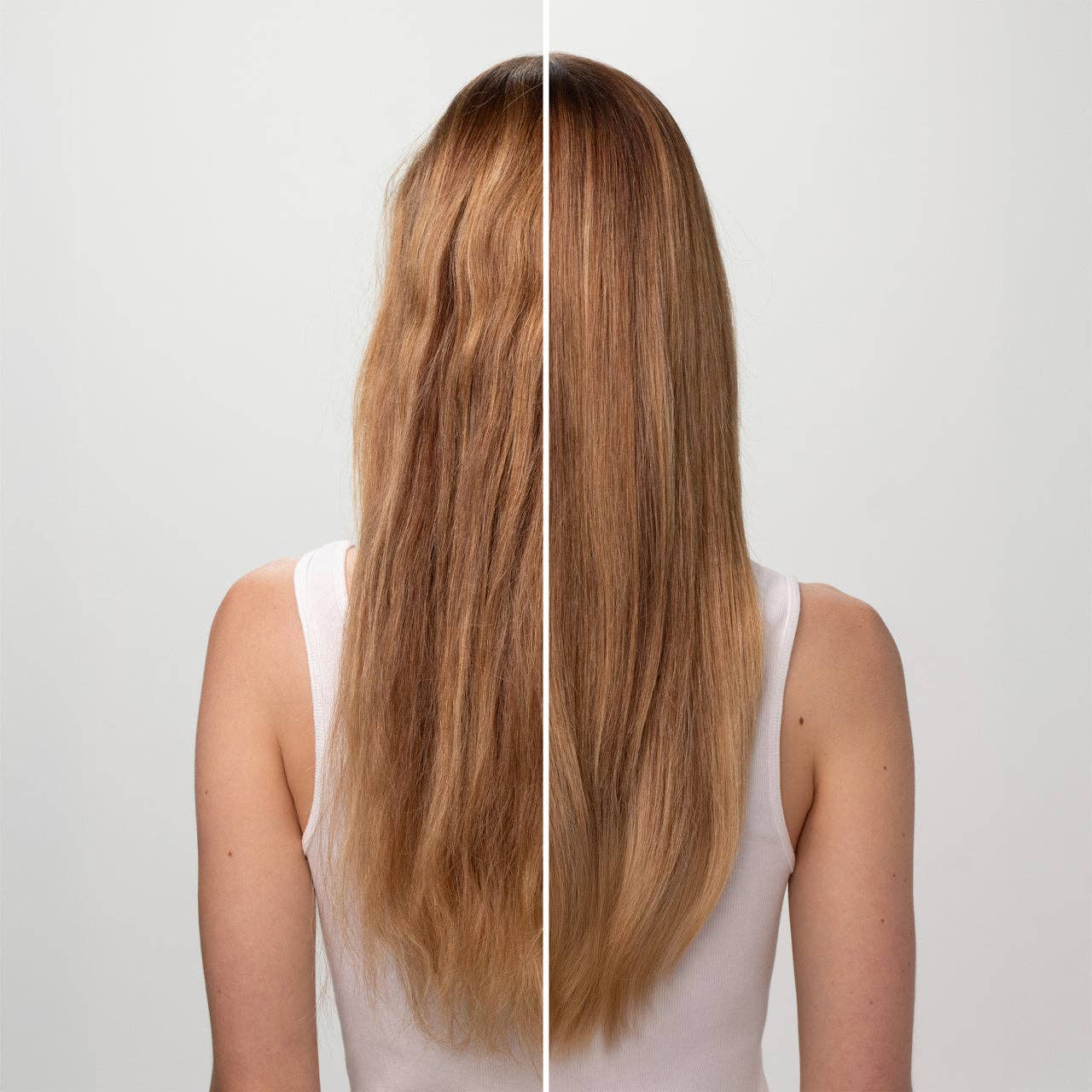 Back view highlighting half-frizzy, half-smooth hair, showcasing the effect of Strengthening Rice Water Shampoo's shine-boosting, damage-preventing treatment.