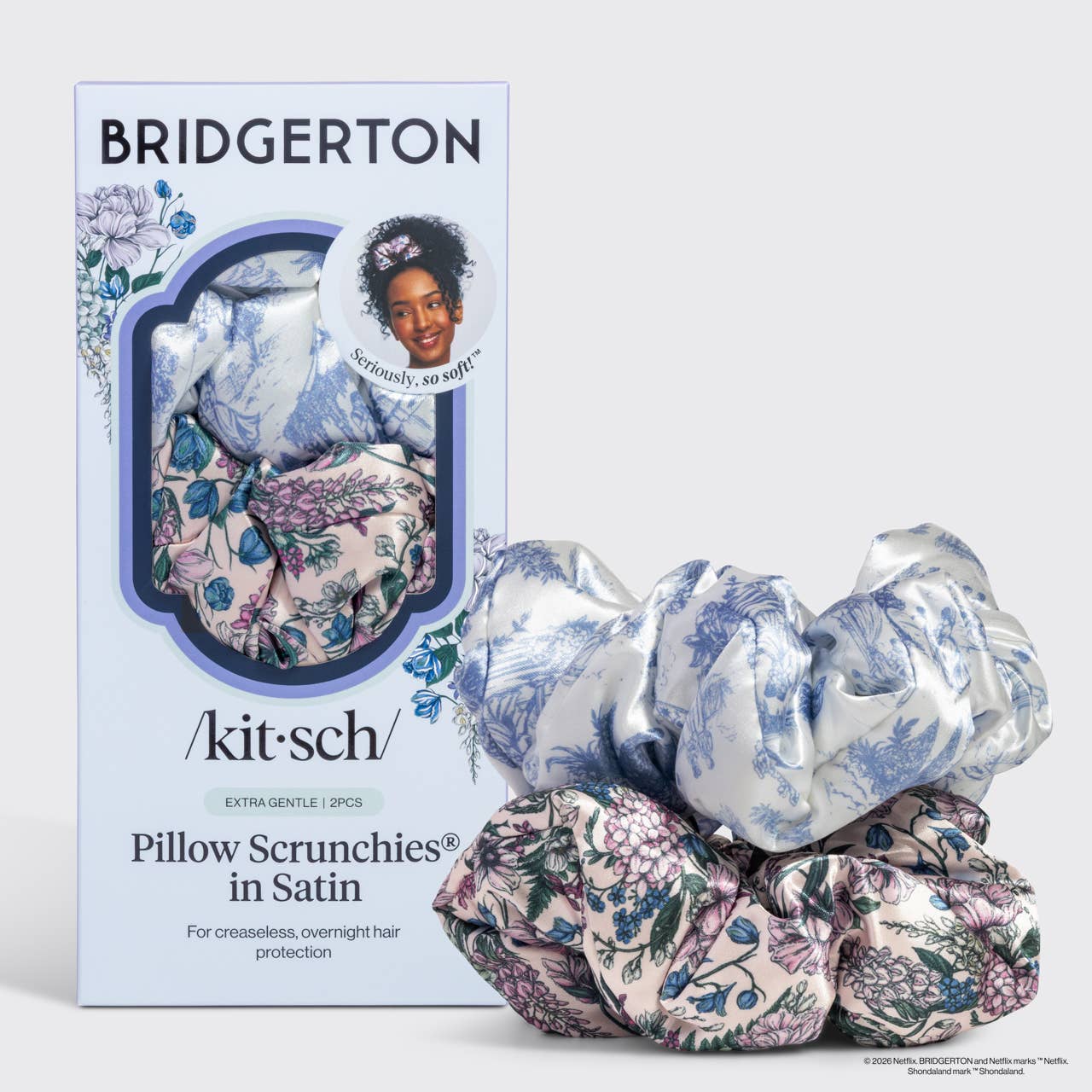 Bridgerton x Kitsch Satin Pillow Scrunchies® in Toile in Bloom, featuring toile and floral satin designs for gentle, snag-free overnight hair protection.