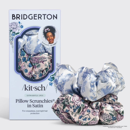 Bridgerton x Kitsch Satin Pillow Scrunchies® in Toile in Bloom, featuring toile and floral satin designs for gentle, snag-free overnight hair protection.