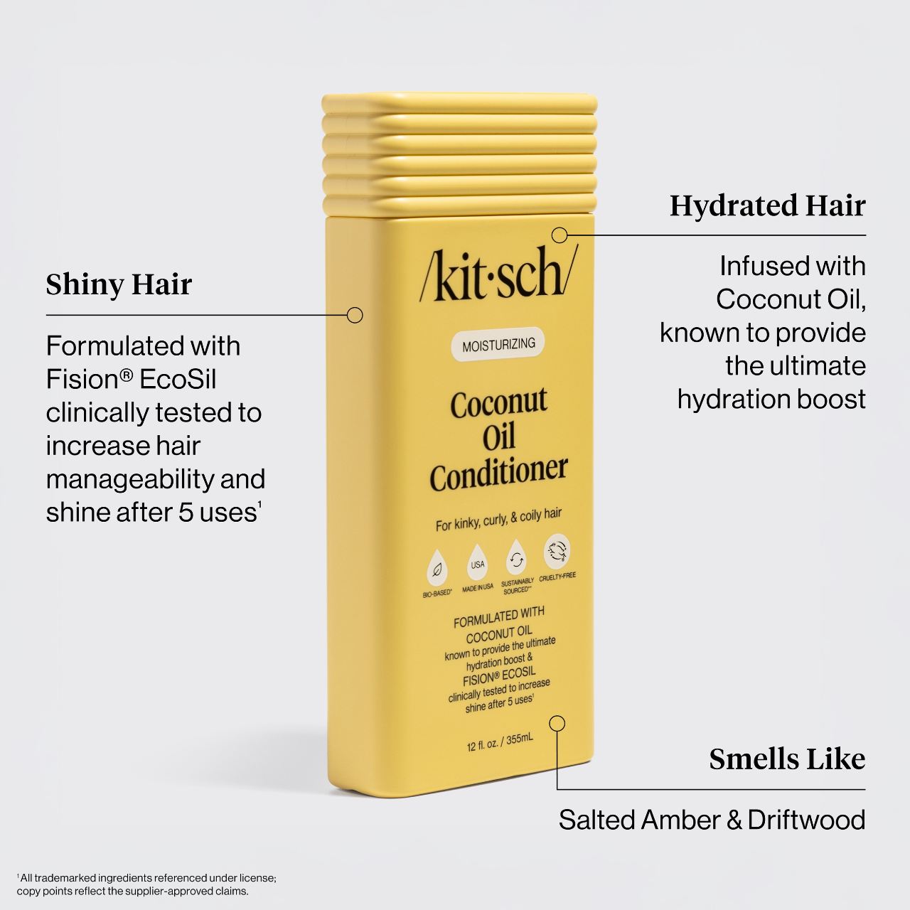 /kitsch/ Moisturizing Coconut Oil Conditioner bottle for kinky, curly, coily hair, featuring coconut oil and Fision® EcoSil to enhance hydration, shine, and manageability.
