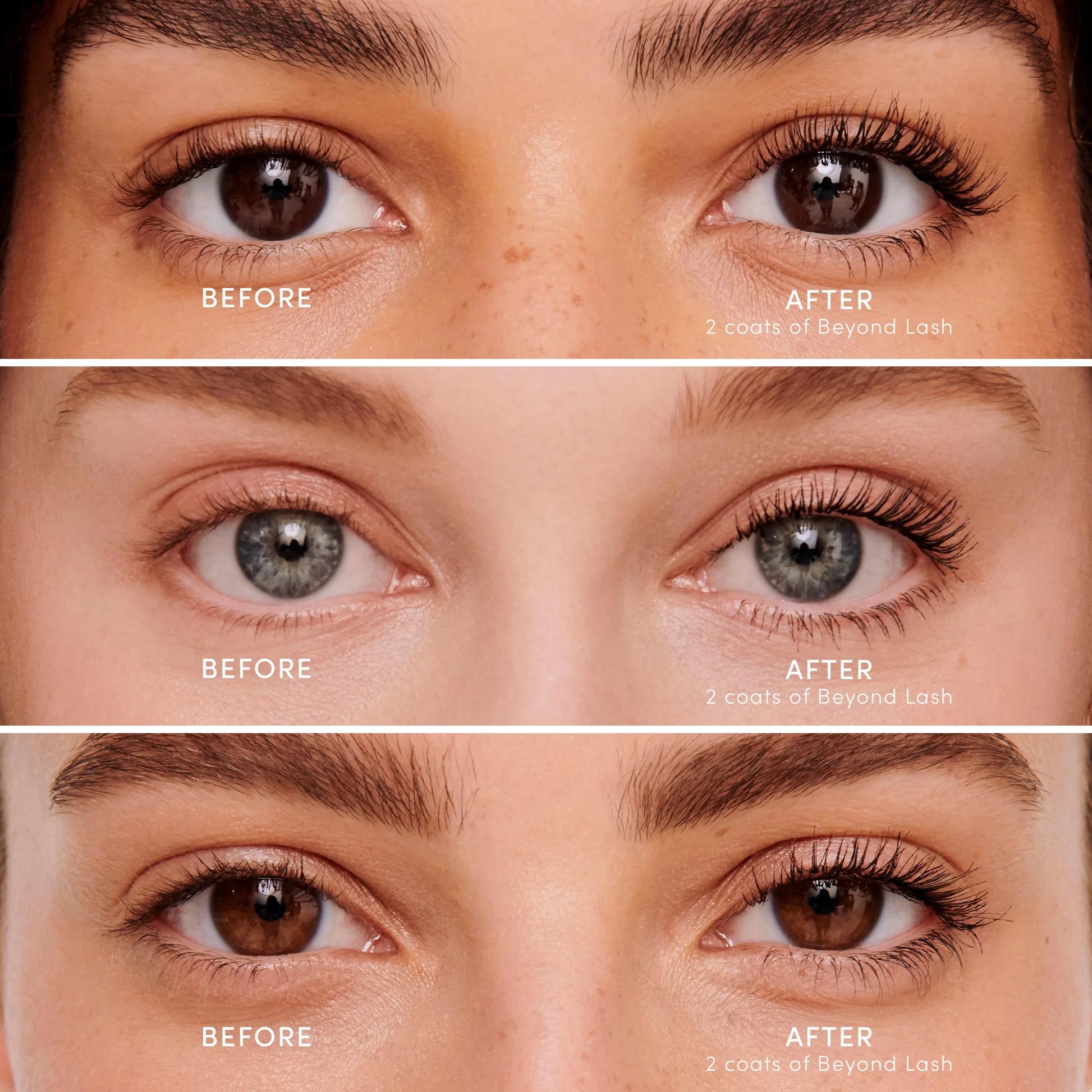Before and after shots of eyes showing lash volume and length using Beyond Lash™ Volumizing Mascara, highlighting fuller, longer lashes with a clean, nourishing formula.