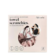 Towel Scrunchies - Terracotta Checker: Retail box with a window showing two microfiber hair scrunchies, featuring quick-dry and anti-frizz icons, plus a model photo.