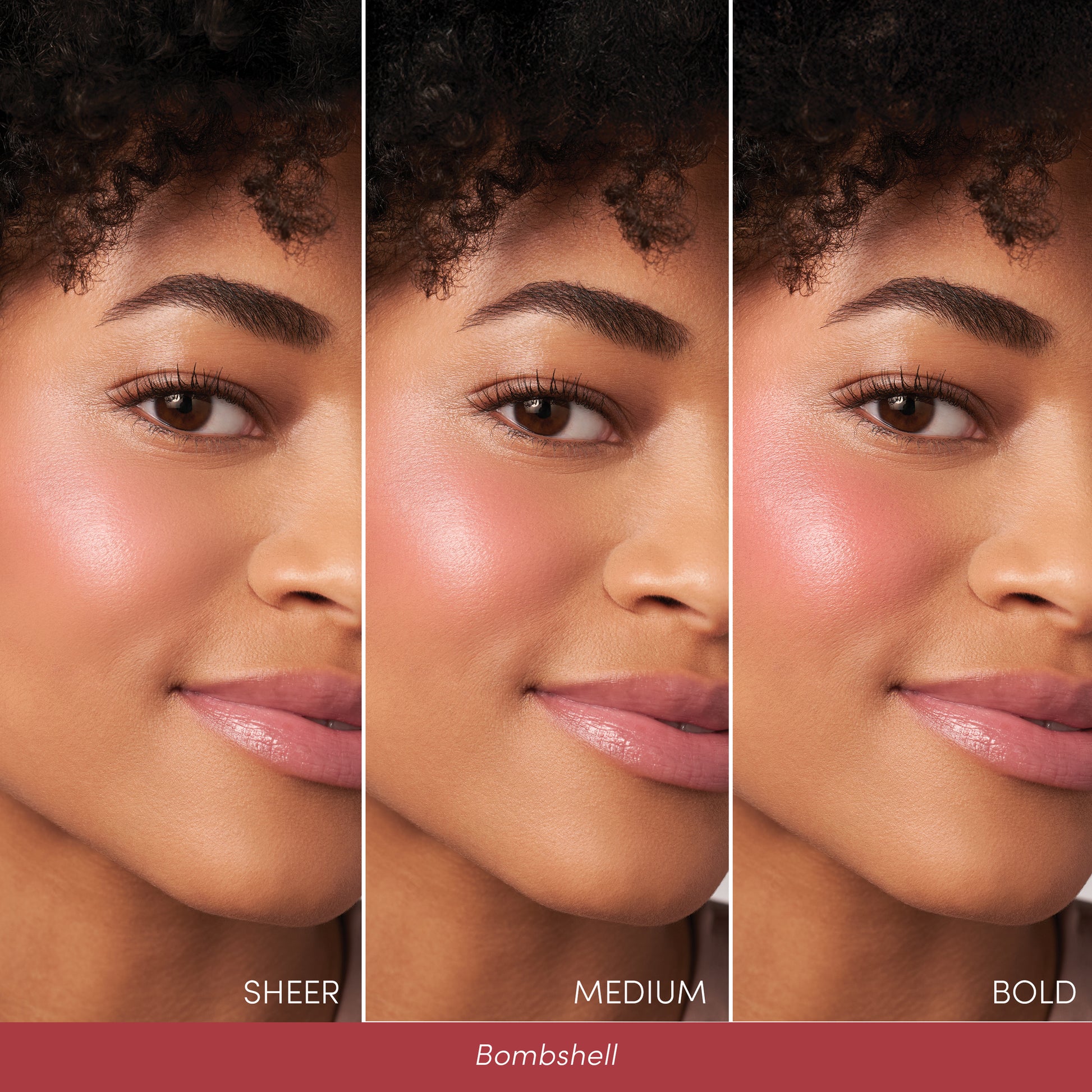Triptych of Bombshell ColorLuxe Liquid Blush on cheek in Sheer, Medium, and Bold, showcasing its buildable, seamless, long-lasting natural flush.