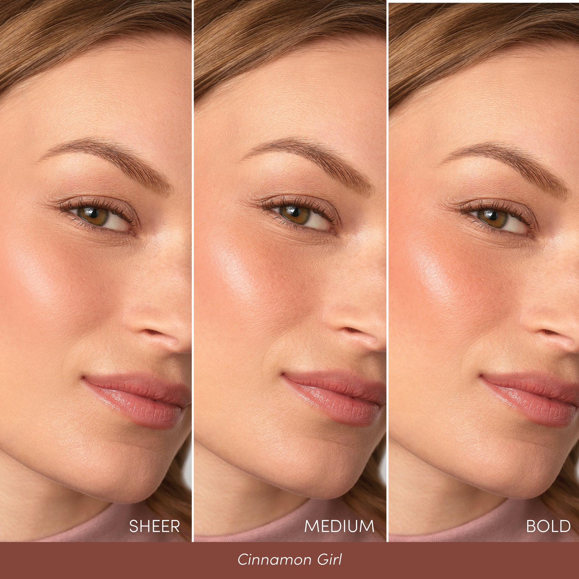 Woman's face with ColorLuxe Liquid Blush “Cinnamon Girl” applied in Sheer, Medium, Bold intensities on cheeks, showcasing buildable, seamless blend and natural flush.