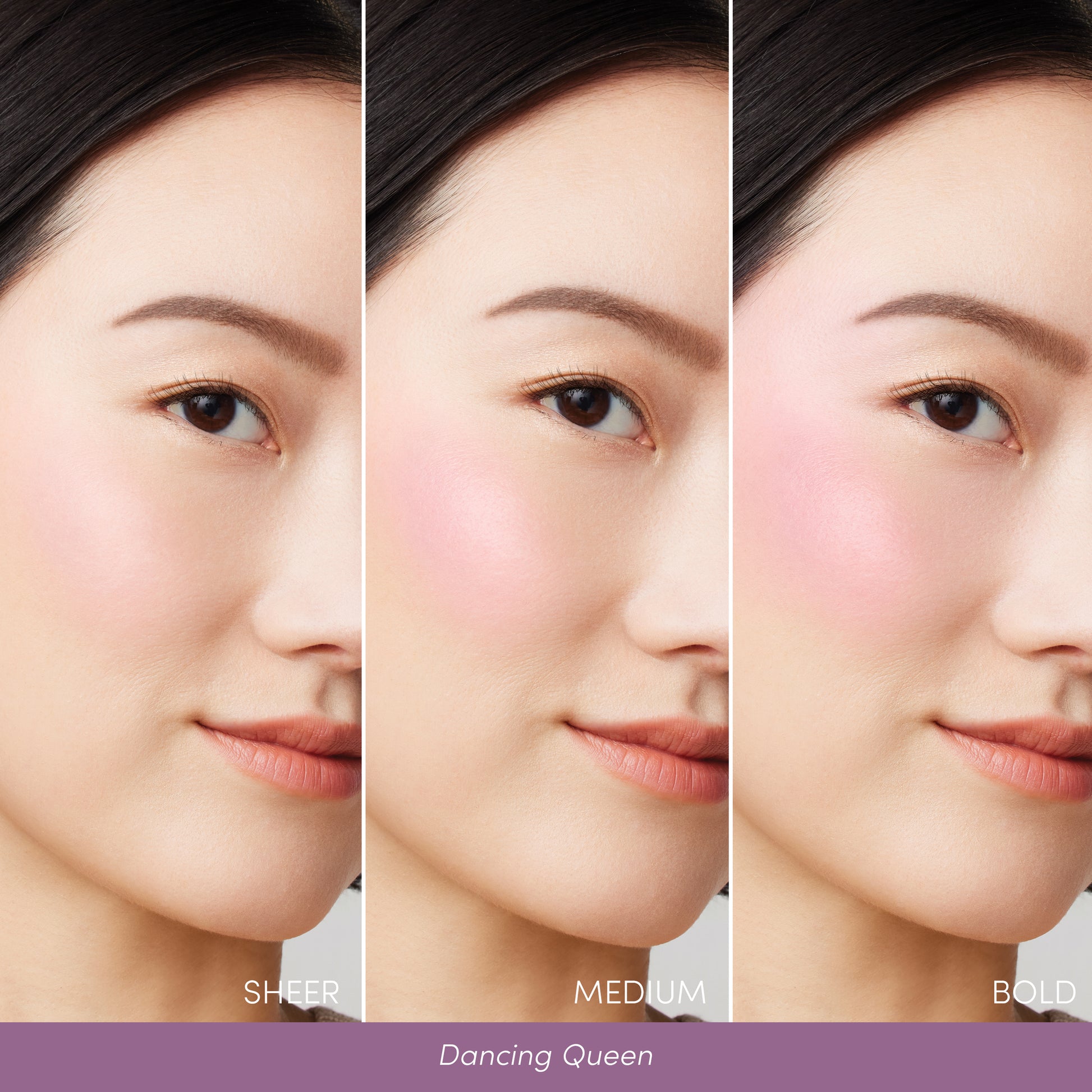 Dancing Queen blush on a woman's face, showing ColorLuxe Liquid Blush in Sheer, Medium, and Bold intensities, highlighting its buildable, seamless, natural-looking finish.