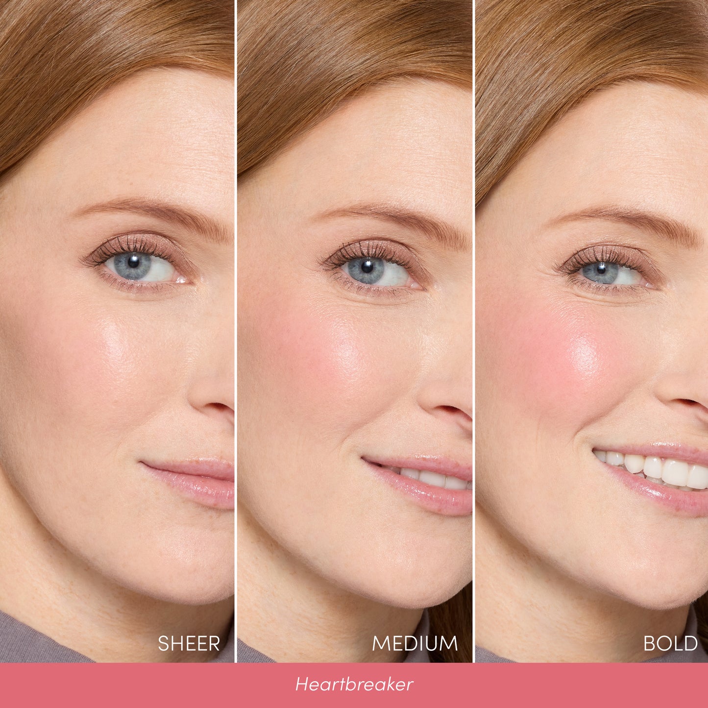 Three-panel close-up of a woman showcasing ColorLuxe Liquid Blush Heartbreaker in sheer, medium, and bold intensities on fair skin with reddish-brown hair.