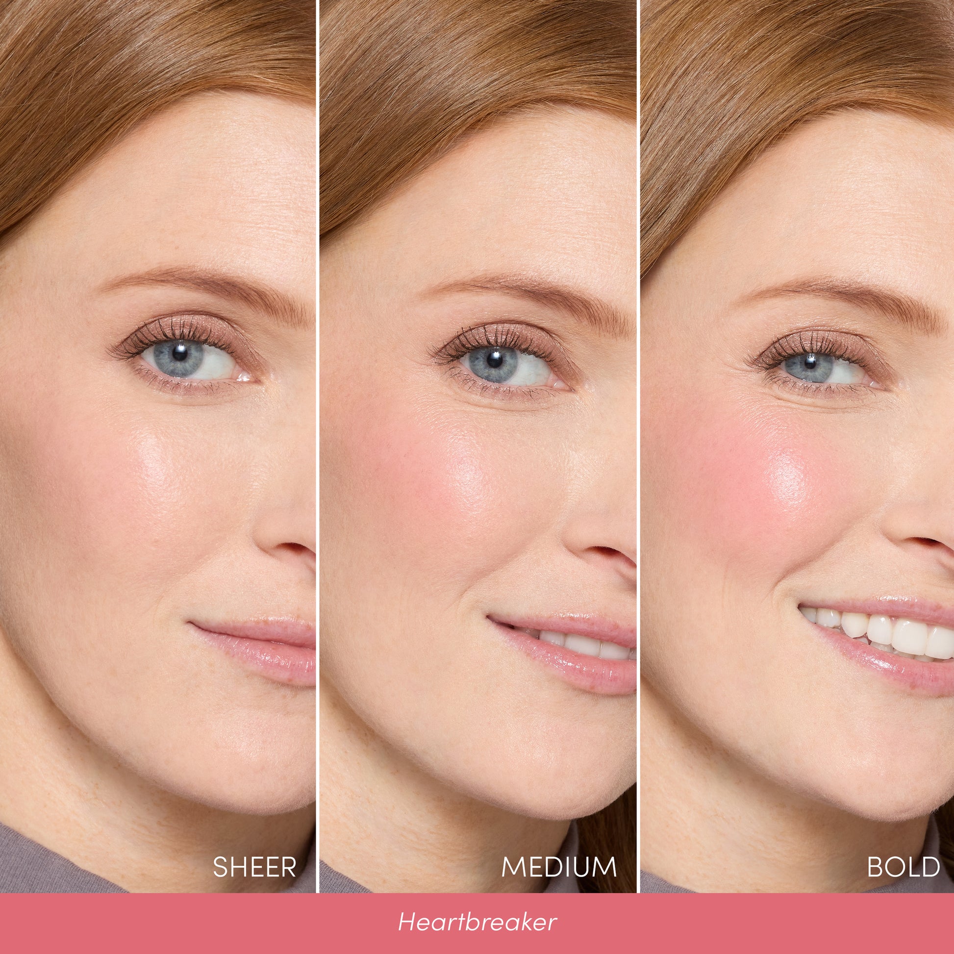 Three-panel close-up of a woman showcasing ColorLuxe Liquid Blush Heartbreaker in sheer, medium, and bold intensities on fair skin with reddish-brown hair.