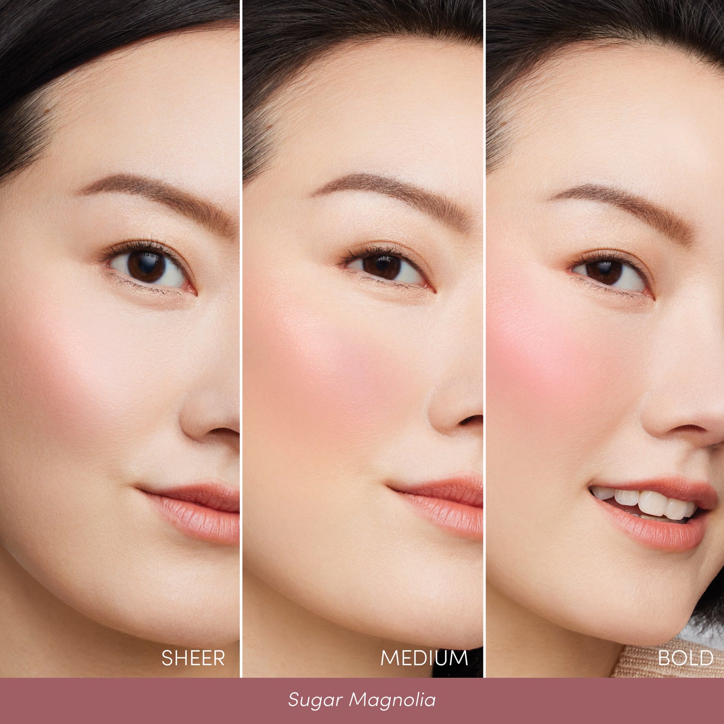 ColorLuxe Liquid Blush triptych shows “Sugar Magnolia” on a woman's cheek in Sheer, Medium, and Bold intensities, illustrating its buildable, seamless blend.