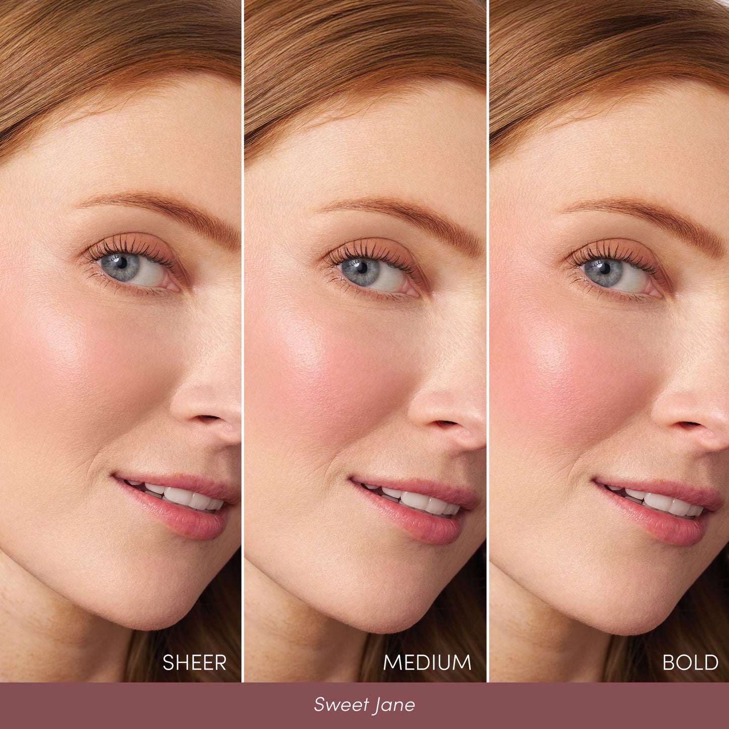 Close-up of a woman's cheek showing ColorLuxe Liquid Blush in Sheer, Medium, and Bold finishes, highlighting its buildable, seamless application.