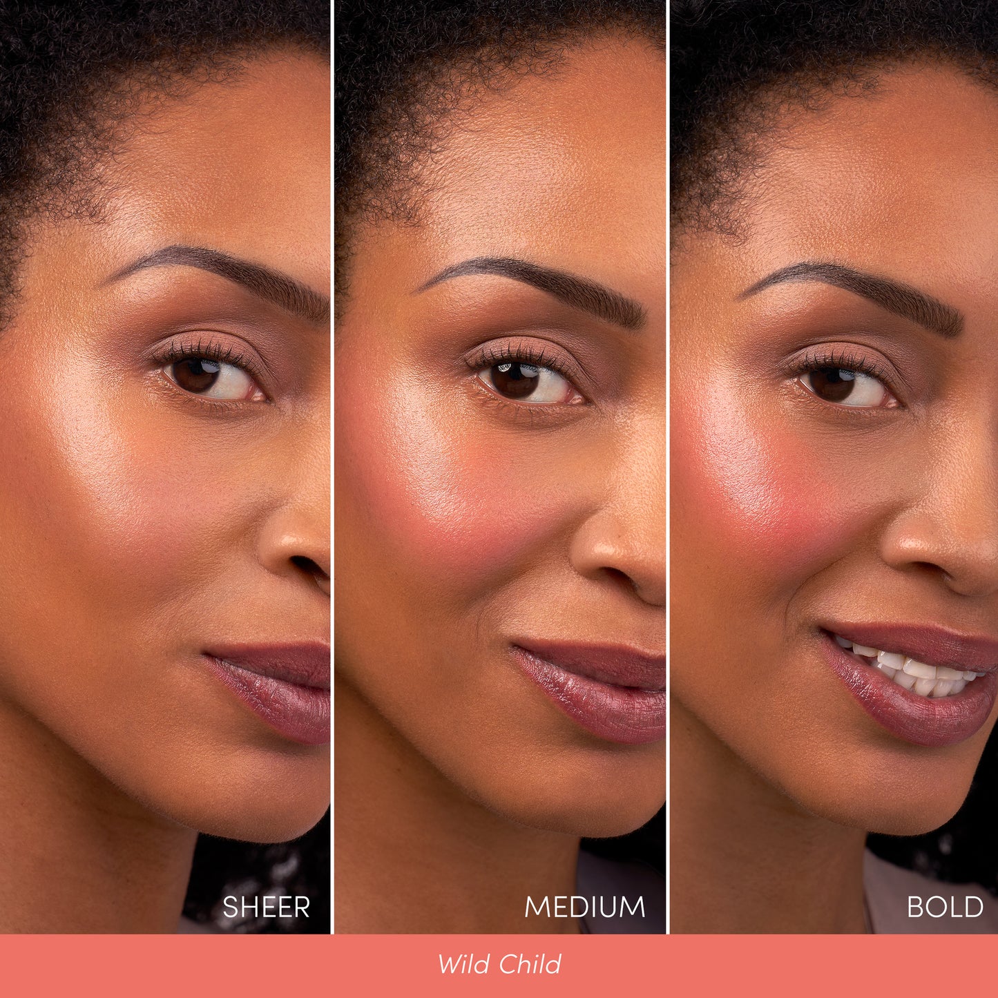 Woman's face with three blush intensities: sheer, medium, bold using ColorLuxe Liquid Blush, shade Wild Child, showcasing buildable, seamless, and long-lasting natural flush.