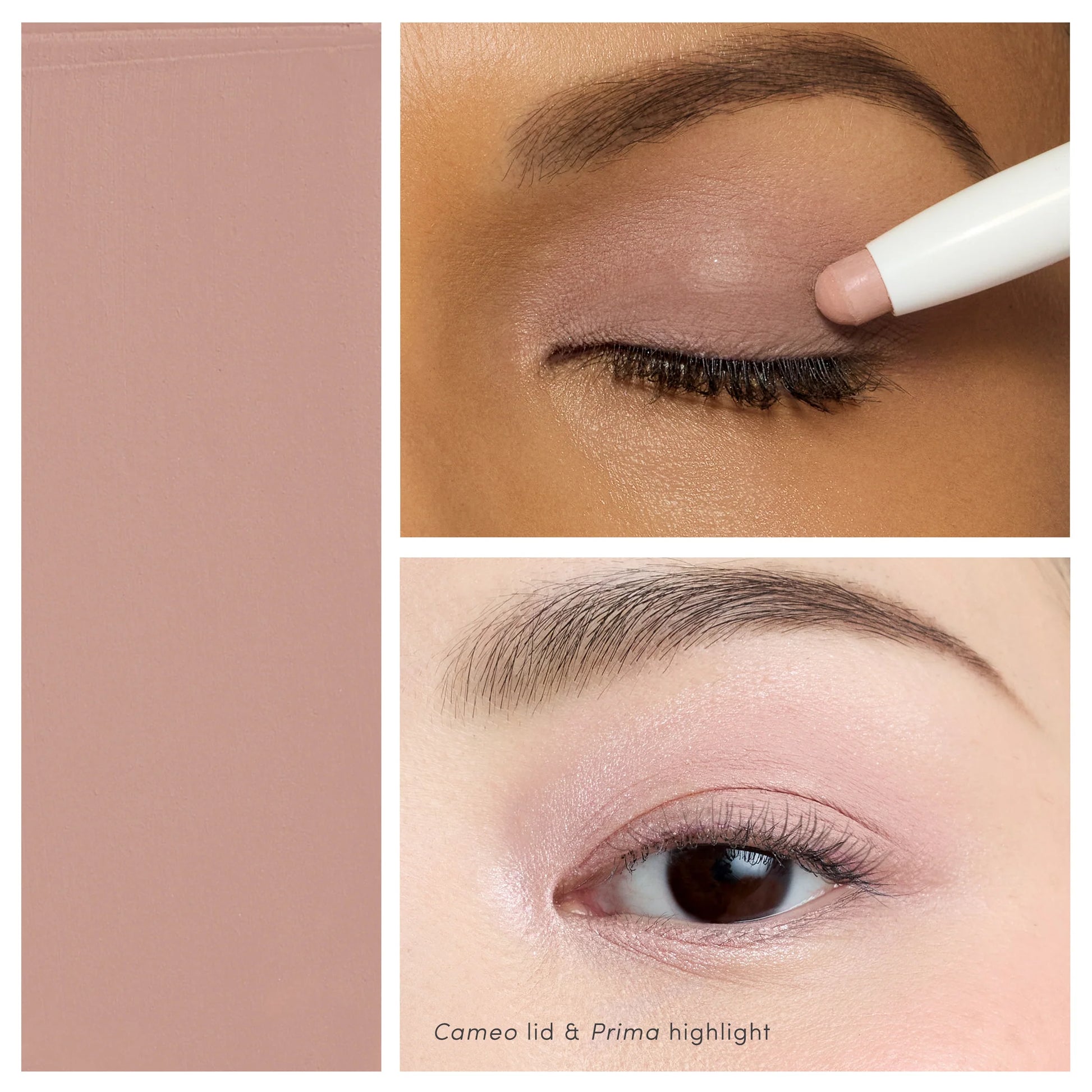 ColorLuxe Eye Shadow Stick promo: dusty-rose tone, application on eyelid, finished look. Creamy, blendable, no-crease, long-wear formula for effortless beauty.