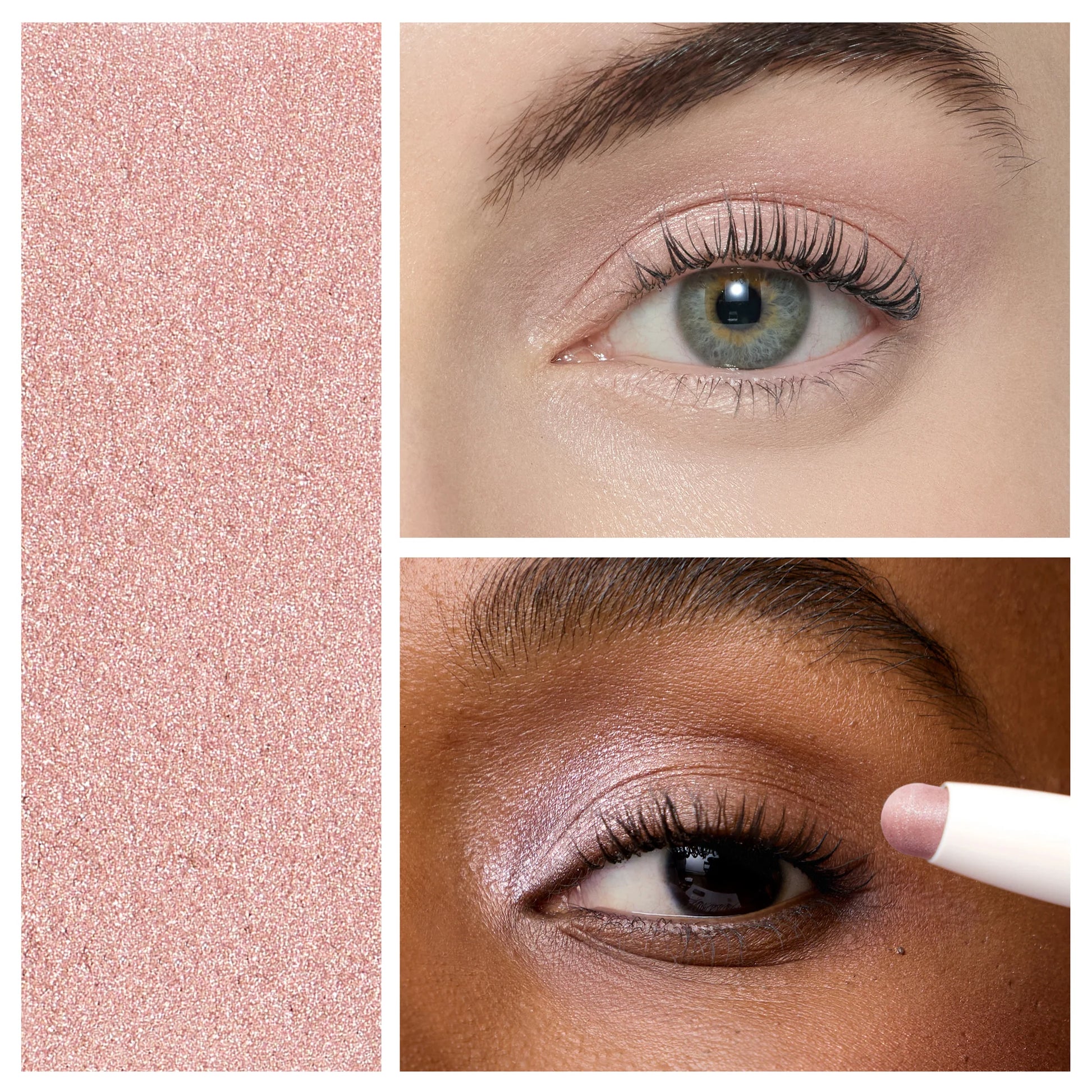 ColorLuxe Eye Shadow Stick in a shimmery rose-pink, shown swatched, applied on fair and deeper-skinned models, highlighting its creamy, blendable, no-brush application.