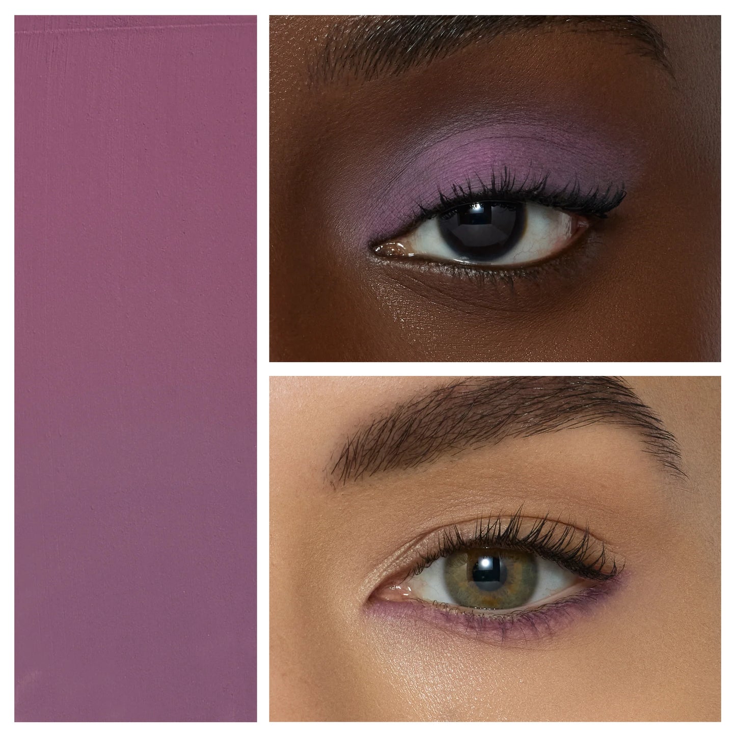 ColorLuxe Eye Shadow Stick in matte purple-mauve, shown as a lid wash on deeper skin and a liner on lighter skin, creamy and blendable.