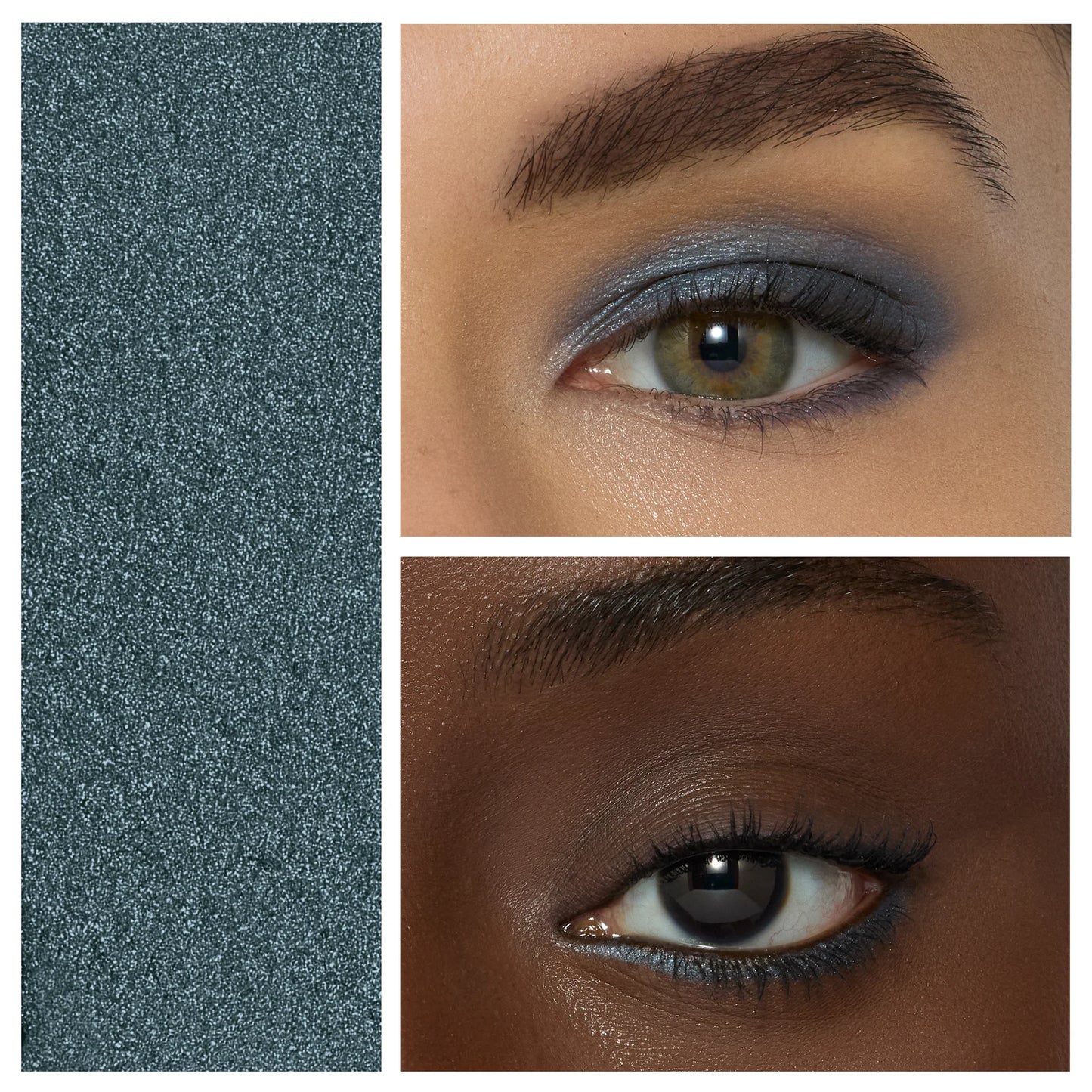 ColorLuxe Eye Shadow Stick in slate-blue shown on fair and darker-skinned models, highlighting its creamy, blendable, and long-wearing formula with a shimmery finish.