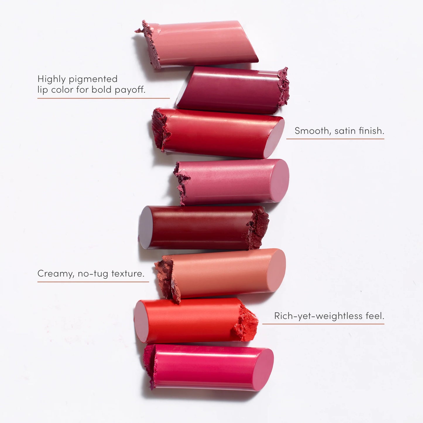 ColorLuxe Hydrating Cream Lipstick cut-off ends in varied shades, showcasing its creamy, pigmented formula with a smooth satin finish and hydrating benefits.