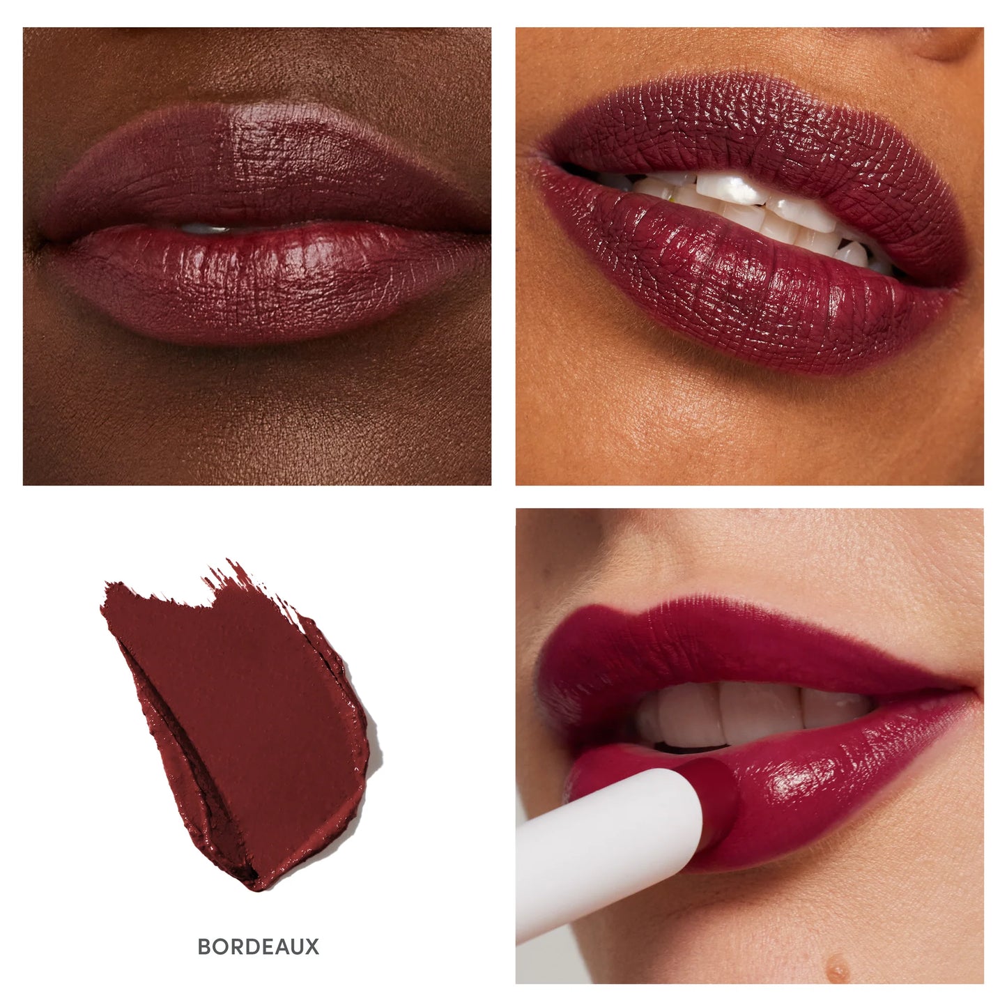 Collage showing models with ColorLuxe Hydrating Cream Lipstick in Bordeaux; includes application close-up and lipstick swatch, highlighting its rich, hydrating formula.
