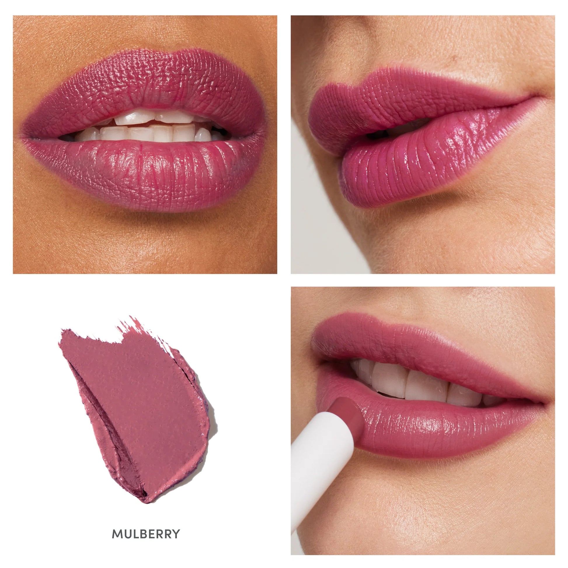 ColorLuxe Hydrating Cream Lipstick in “Mulberry” shown on lips and as a swatch, highlighting its creamy, vibrant finish and nourishing, comfortable wear.