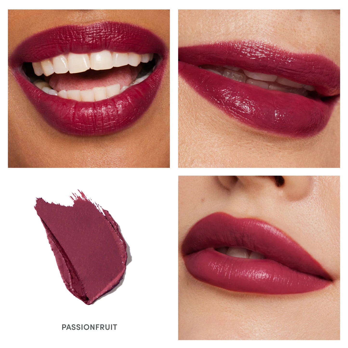 Close-up of lips wearing ColorLuxe Hydrating Cream Lipstick in PASSIONFRUIT, showcasing its rich, vibrant berry tone and creamy finish. Includes a swatch.