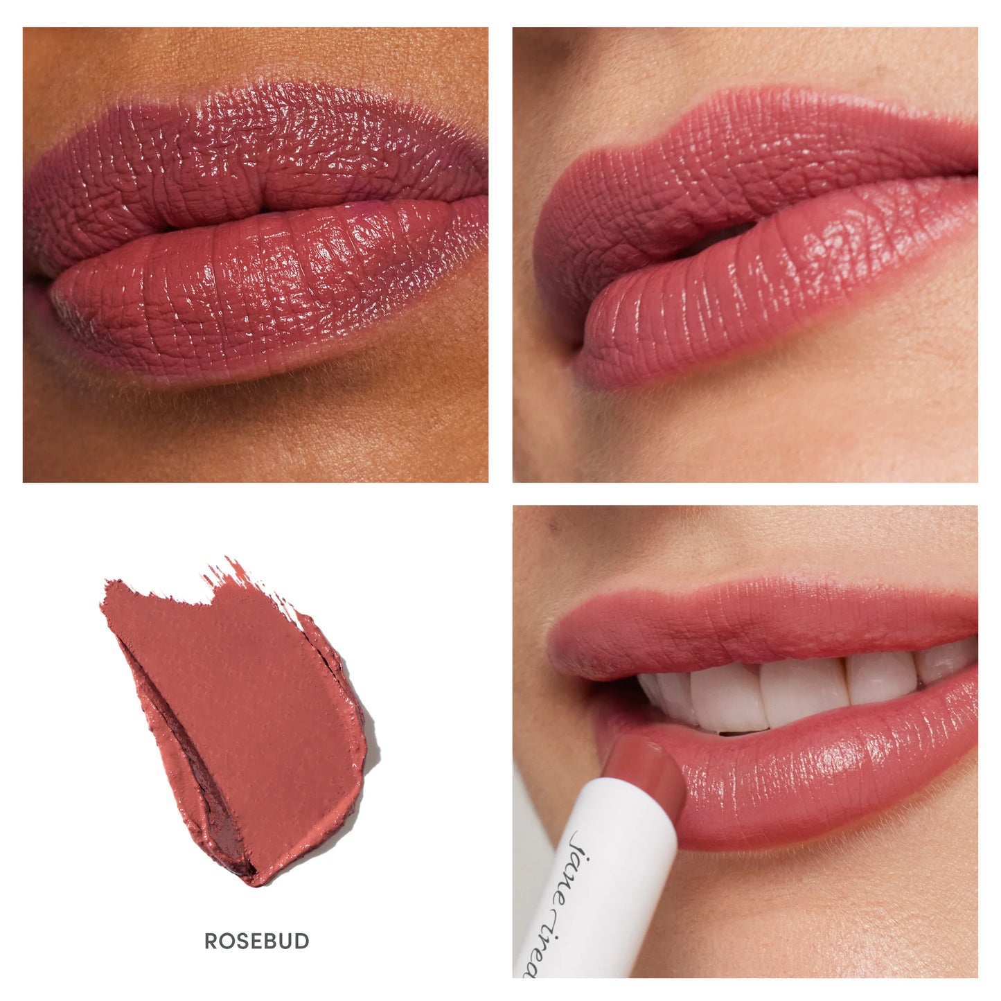 Collage of ColorLuxe Hydrating Cream Lipstick 'Rosebud' on diverse lips, a swatch, and an application shot showcasing its creamy, vibrant, and nourishing formula.