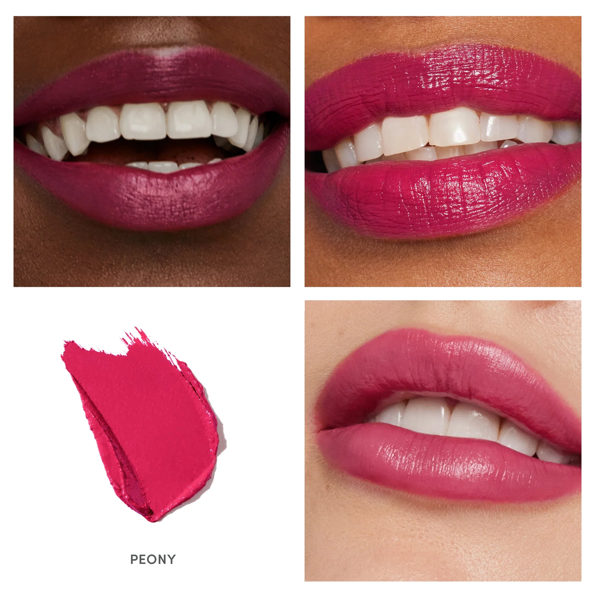 ColorLuxe Hydrating Cream Lipstick in Peony, shown on diverse lips and swatched, highlights its rich, vibrant color and comfortable, creamy formula.