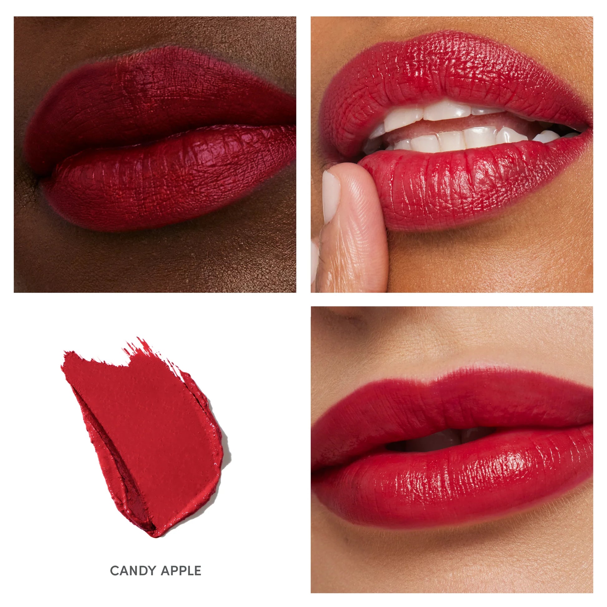 ColorLuxe Hydrating Cream Lipstick in “Candy Apple,” showcased on diverse lips and swatched, highlights a rich, glossy-matte red with nourishing, long-lasting wear.