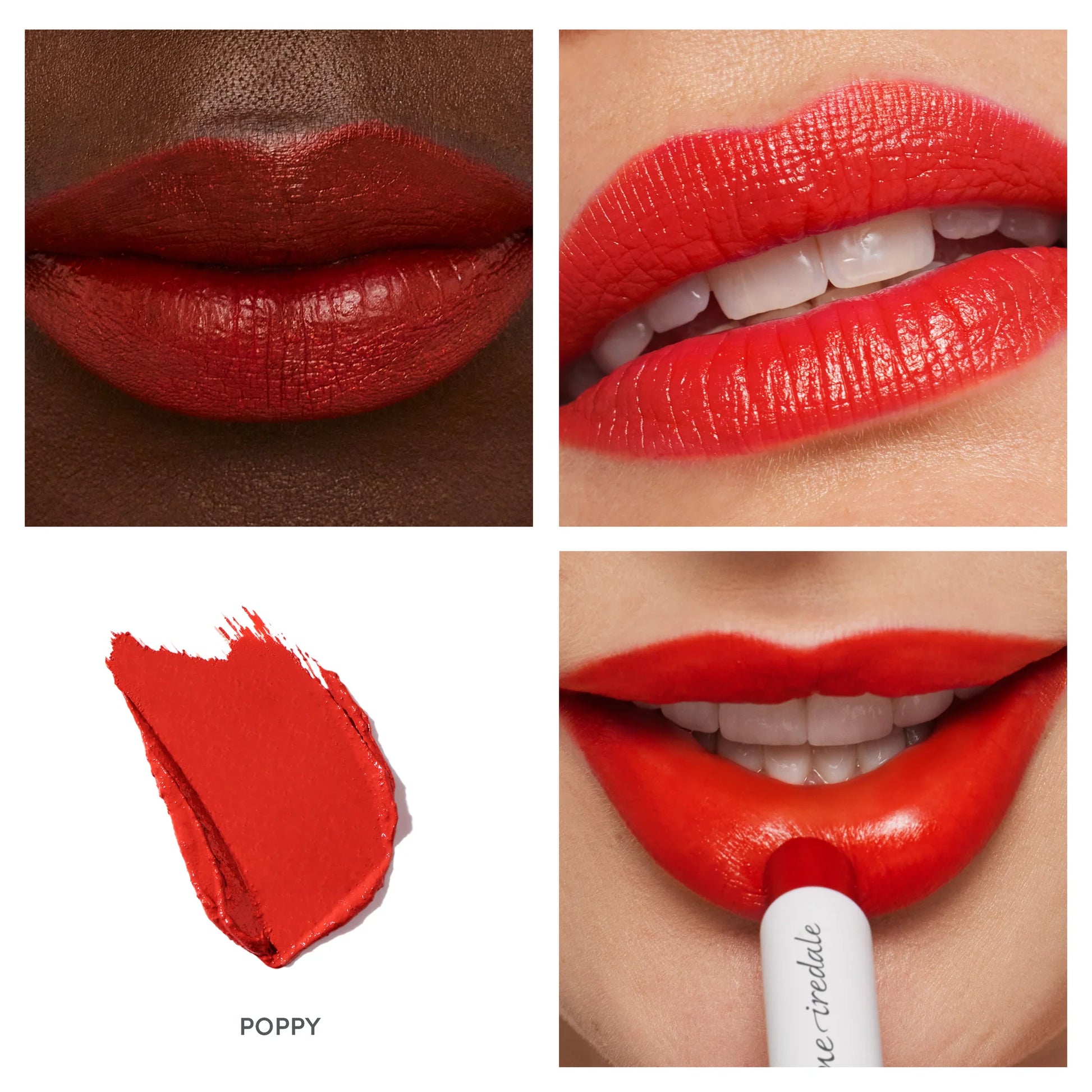 ColorLuxe Hydrating Cream Lipstick “Poppy” on diverse lips, swatch on white, and application from a white tube, showcasing its rich, vibrant red and creamy texture.