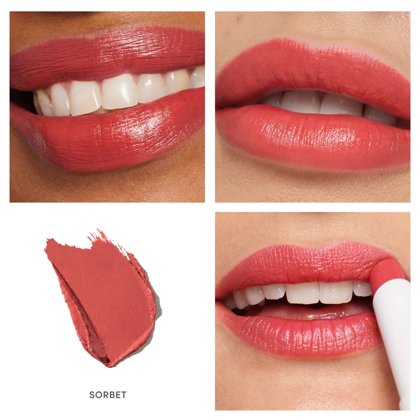 ColorLuxe Hydrating Cream Lipstick “Sorbet” showcased: close-ups of lips, creamy swatch, direct application. Features rich color, hydrating, all-day comfortable wear.