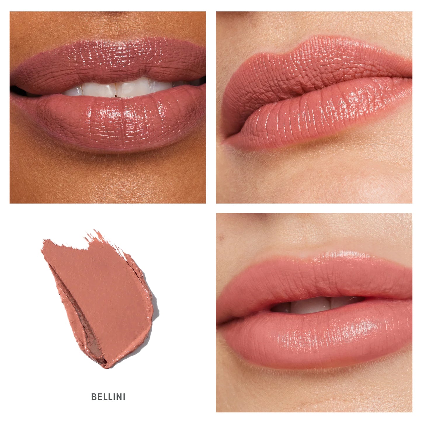 ColorLuxe Hydrating Cream Lipstick in Bellini shown on diverse lips and a swatch, highlighting its creamy, vibrant, and hydrating formula for all-day comfortable wear.