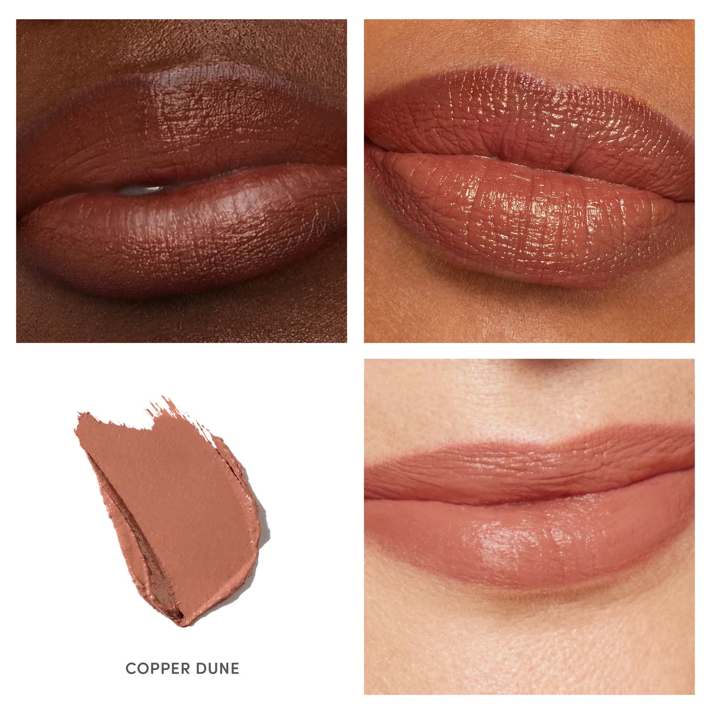 ColorLuxe Hydrating Cream Lipstick in Copper Dune showcased on diverse skin tones, highlighting its warm brown-nude color and creamy, hydrating formula with a satin finish.