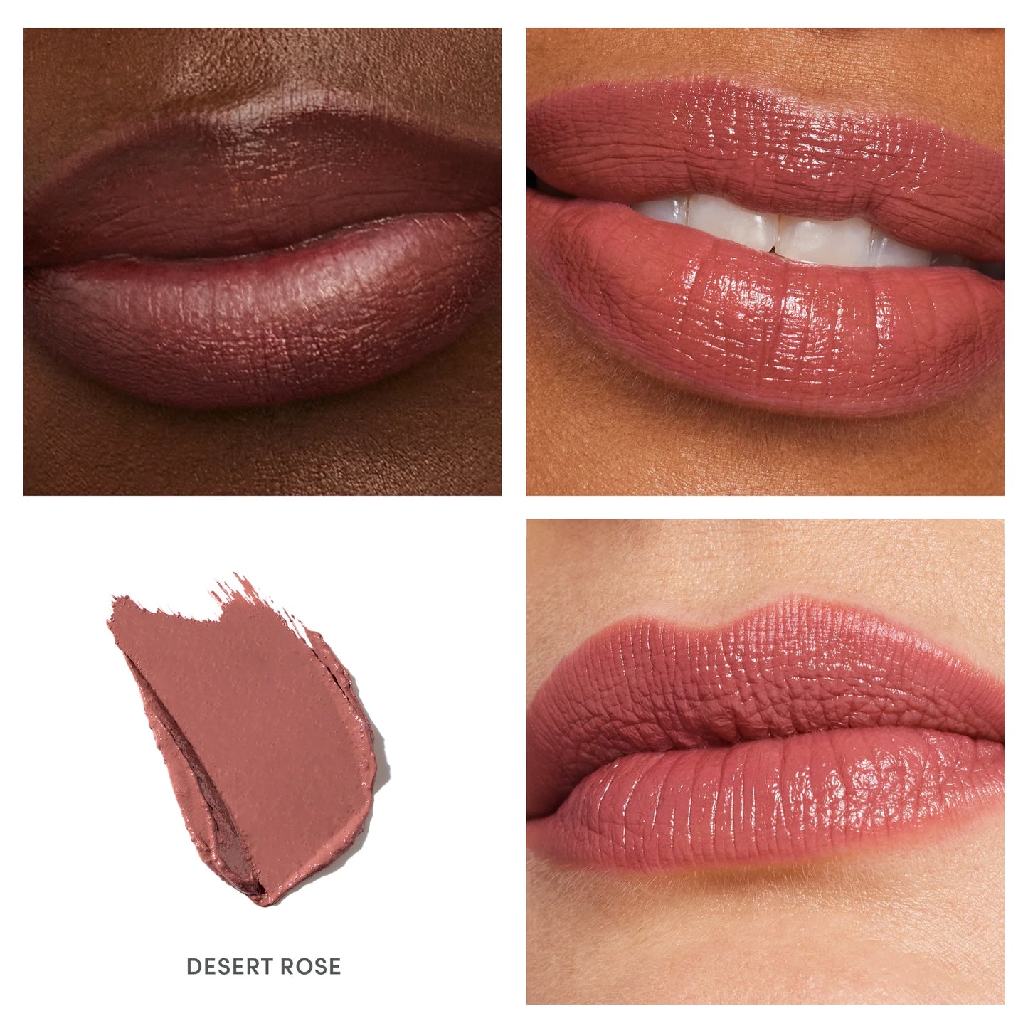 ColorLuxe Hydrating Cream Lipstick Desert Rose on dark, medium, fair skin; creamy, hydrating formula with rich color and satin finish, showcasing versatility across skin tones.