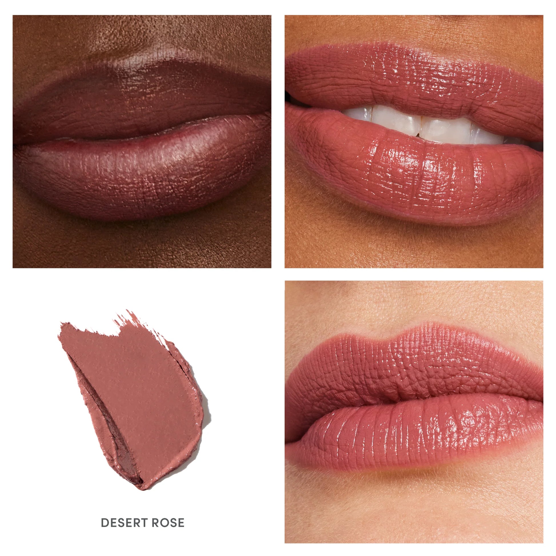 ColorLuxe Hydrating Cream Lipstick Desert Rose on dark, medium, fair skin; creamy, hydrating formula with rich color and satin finish, showcasing versatility across skin tones.