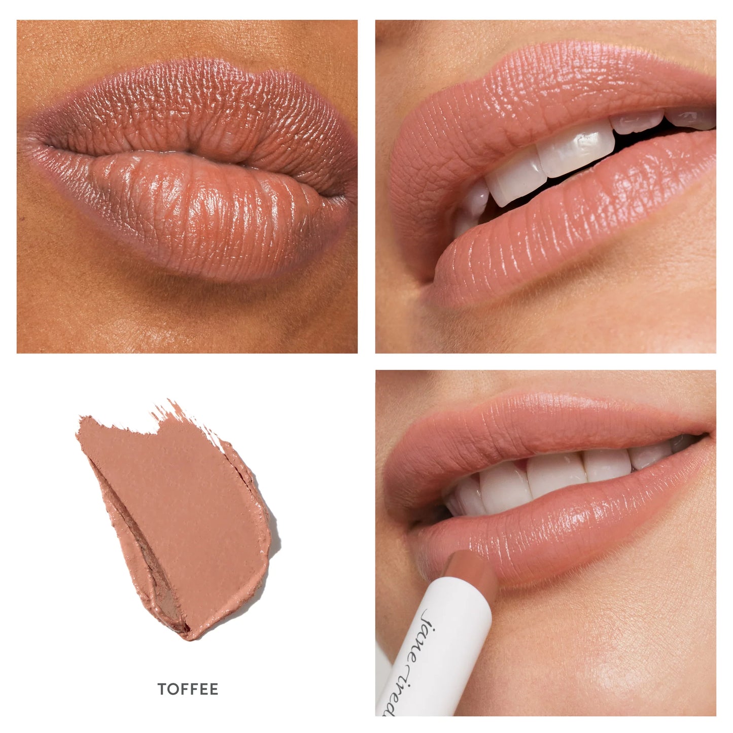 ColorLuxe Hydrating Cream Lipstick in Toffee; close-ups of models' lips, a swatch, and lipstick application, highlighting rich color and creamy, hydrating formula.