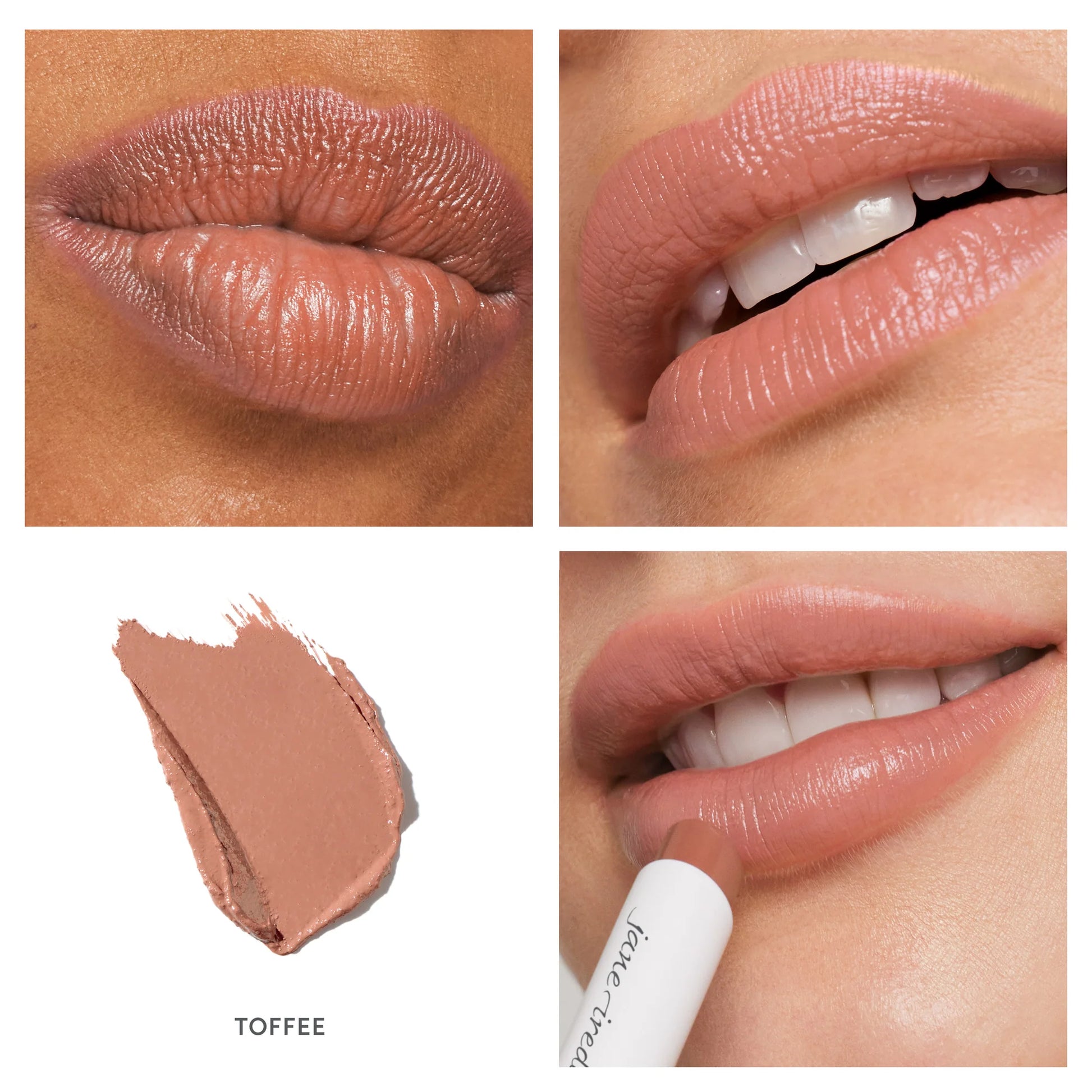 ColorLuxe Hydrating Cream Lipstick in Toffee; close-ups of models' lips, a swatch, and lipstick application, highlighting rich color and creamy, hydrating formula.