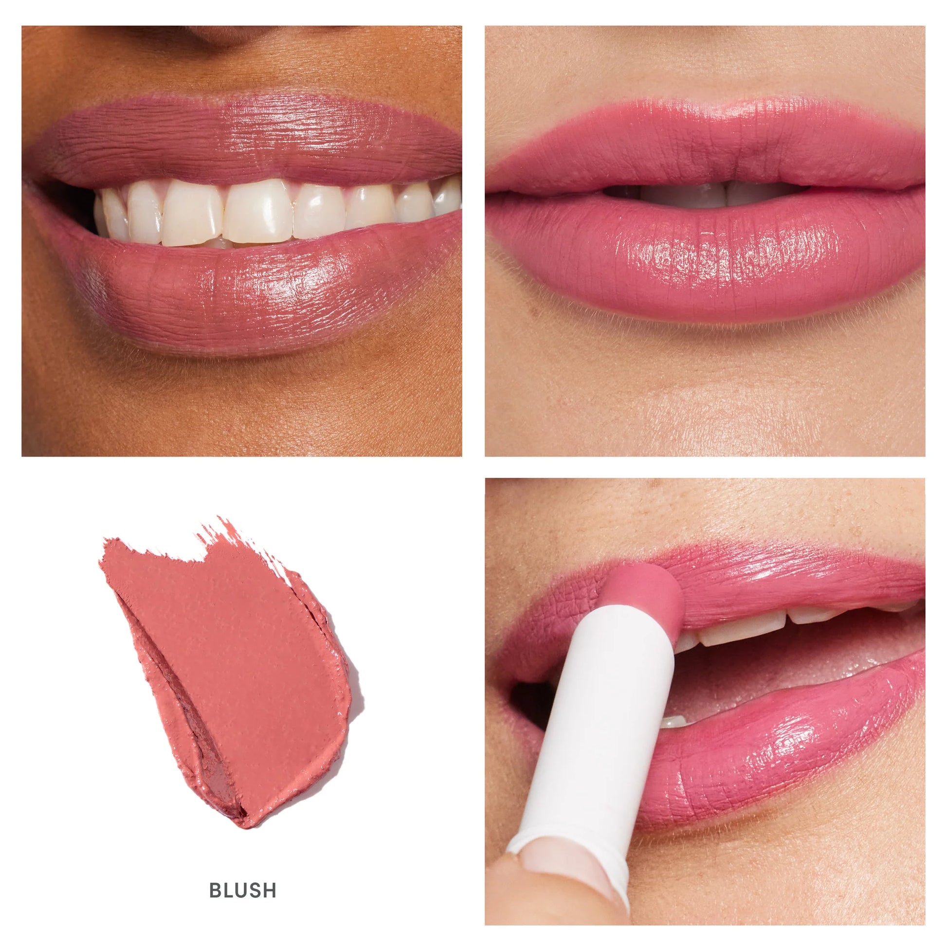 ColorLuxe Hydrating Cream Lipstick on diverse skin tones, showing its creamy, satin finish and rich blush color. Features hydrating, long-lasting formula with hyaluronic acid.