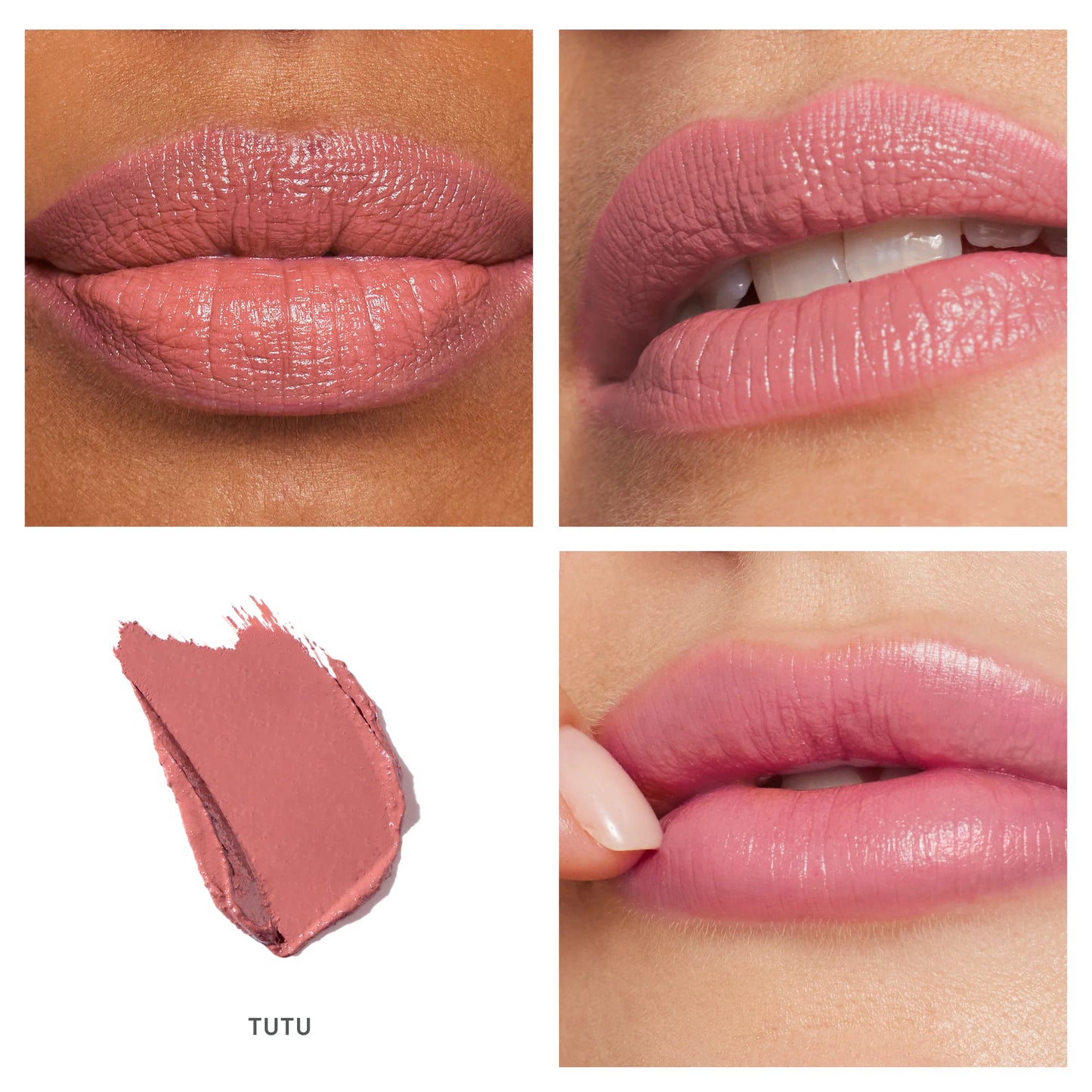 ColorLuxe Hydrating Cream Lipstick in TUTU shown on models’ lips, featuring a creamy, hydrating formula with a satin finish for comfortable, vibrant wear.