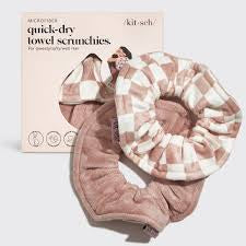 Towel Scrunchies - Terracotta Checker set featuring two absorbent microfiber hair scrunchies, one solid and one checkered, ideal for reducing drying time and frizz.