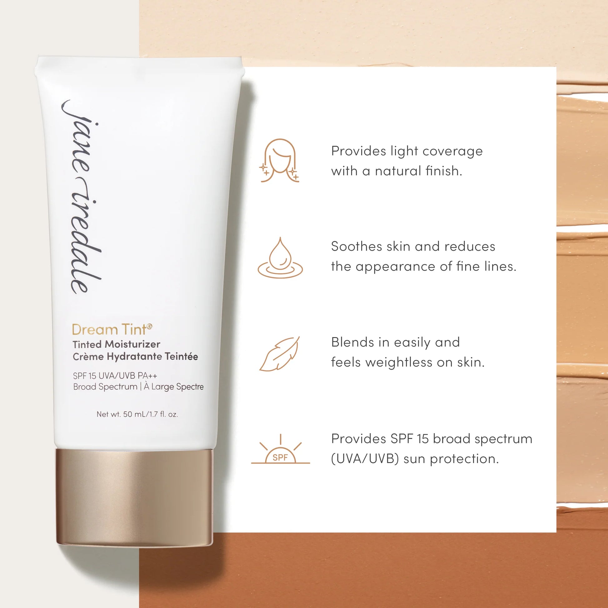 Dream Tint® Tinted Moisturizer SPF 15 tube with swatches, highlighting light coverage, soothing benefits, and broad-spectrum sun protection, ideal for a natural makeup look.