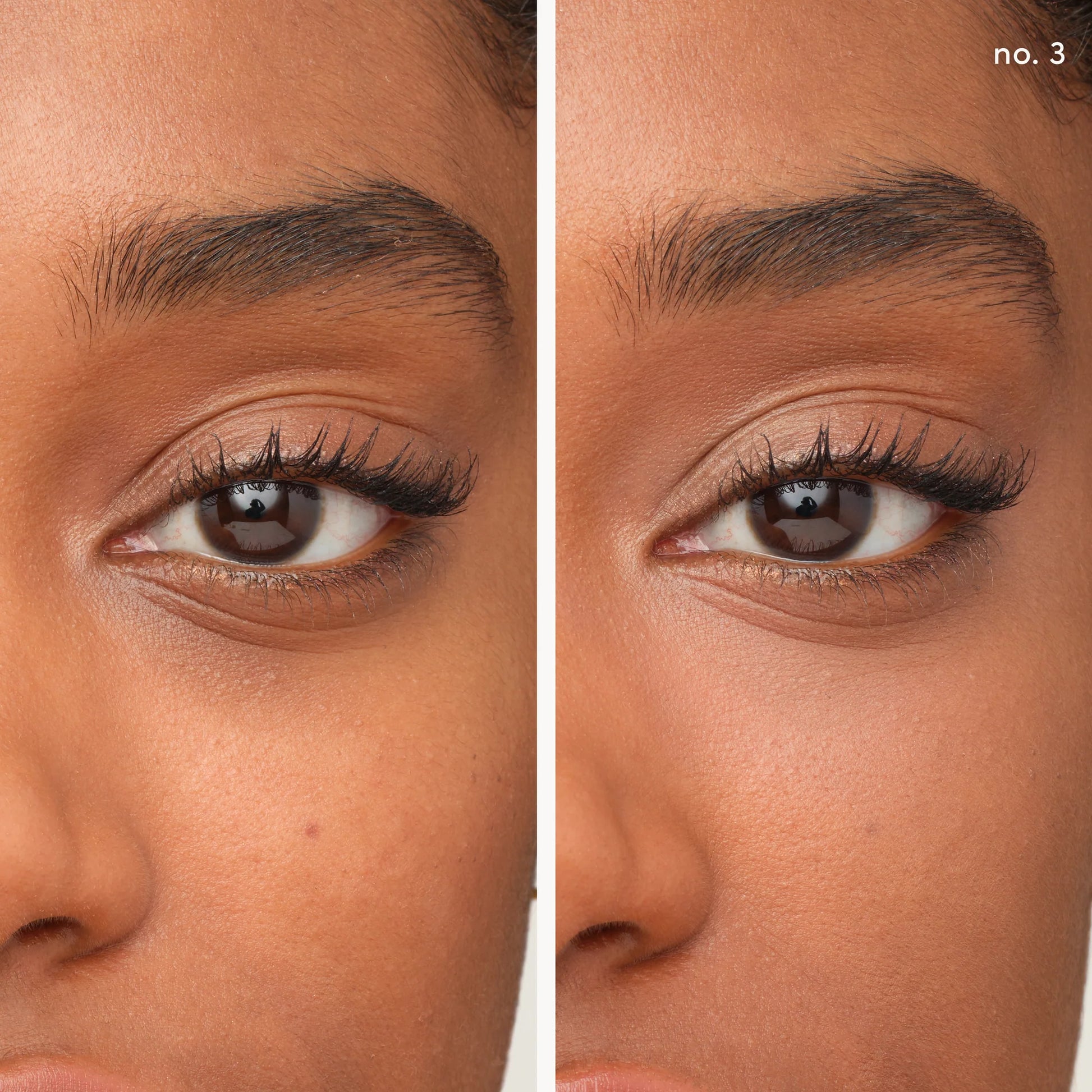 Split-screen of eye area using Enlighten Plus Under-eye Concealer, showcasing smooth, even complexion and enhanced makeup, highlighting its brightening and nourishing effects.