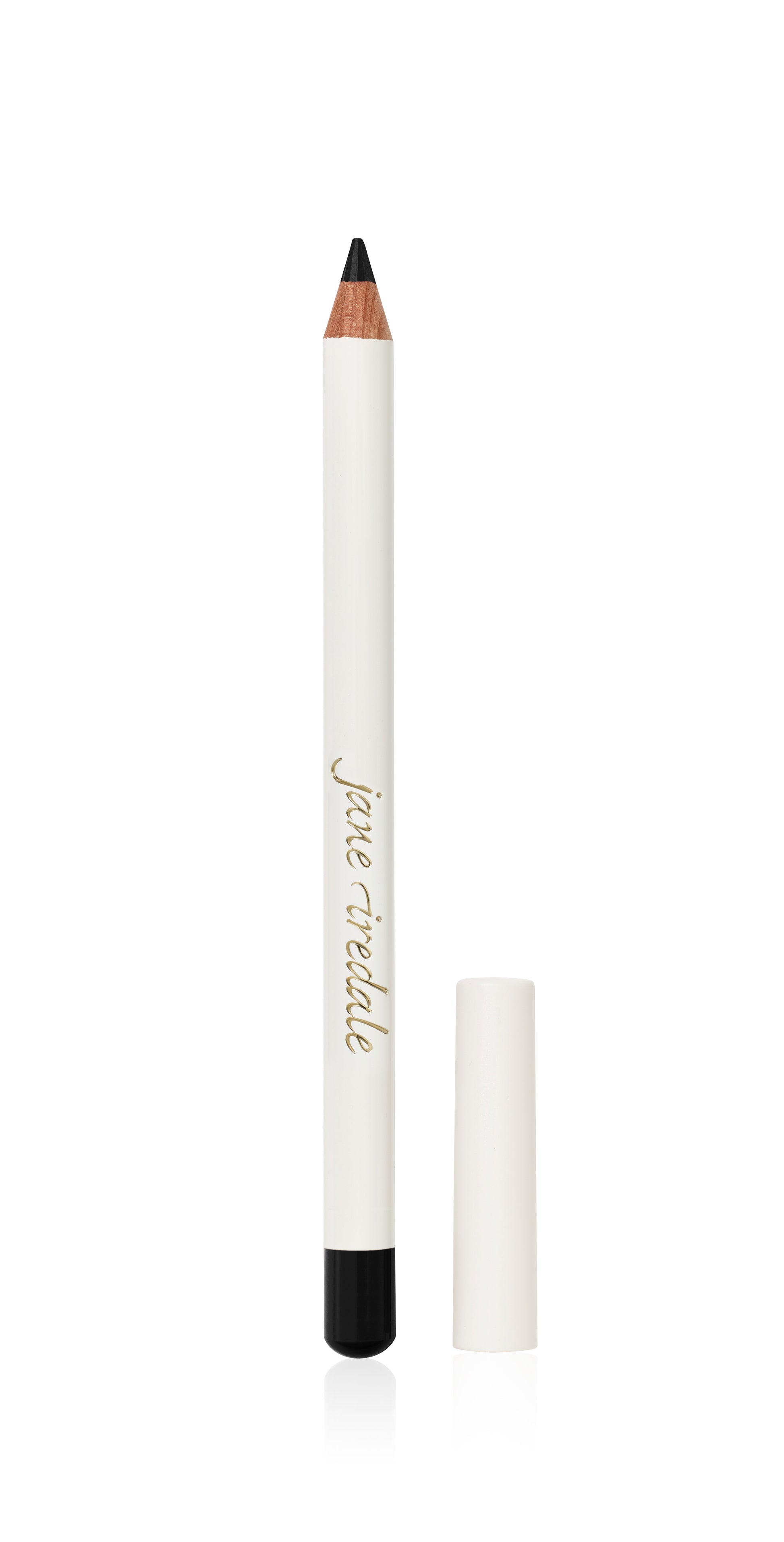 Jane Iredale Eye Pencil, white casing with sharpened black tip and cap, offers smooth, irritation-free application for sensitive eyes, ideal for long-wear and smudging effects.