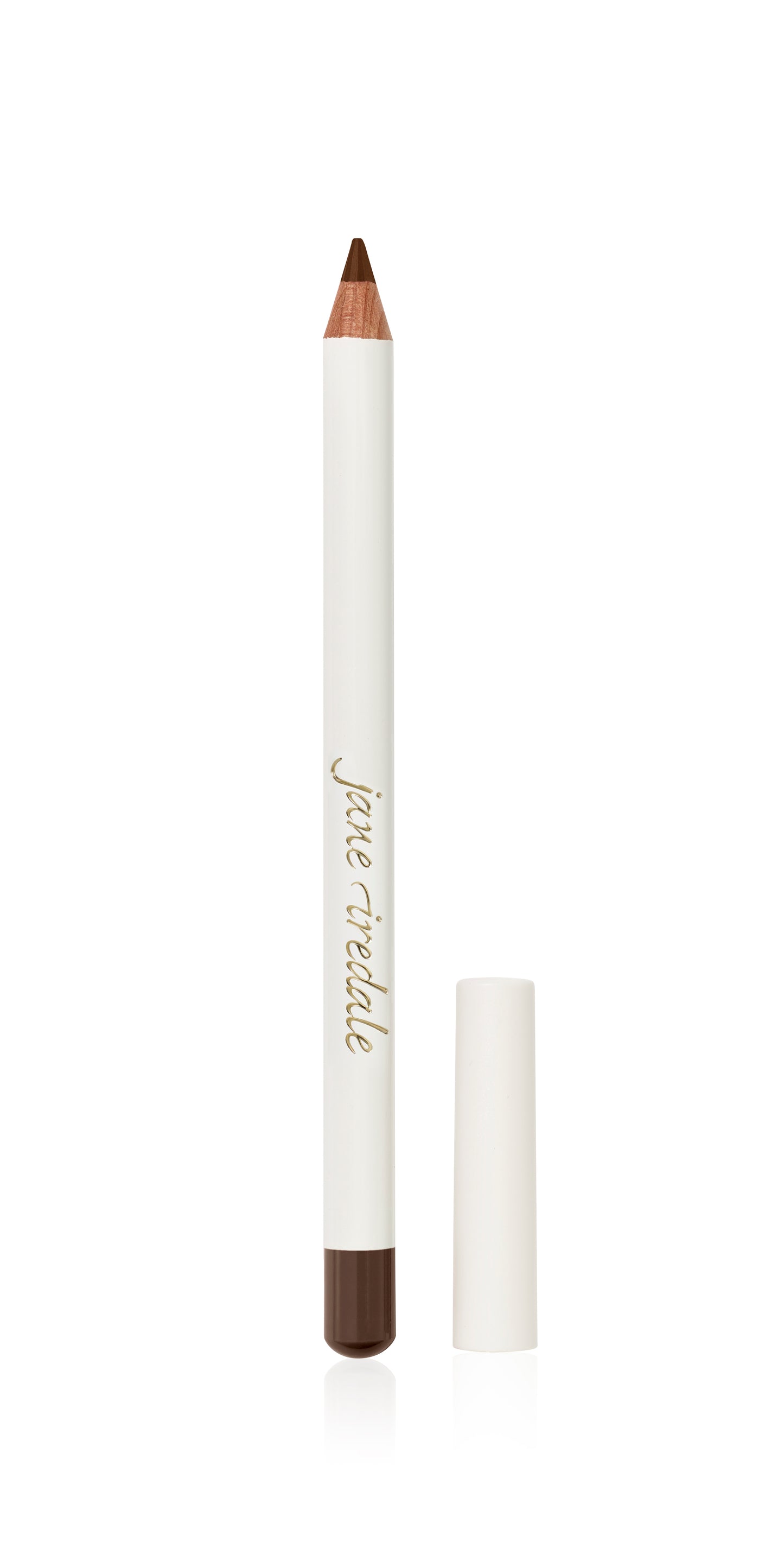 Jane Iredale Eye Pencil with a white body and gold lettering, featuring a sharpened brown tip for smooth, irritation-free application, ideal for sensitive eyes.