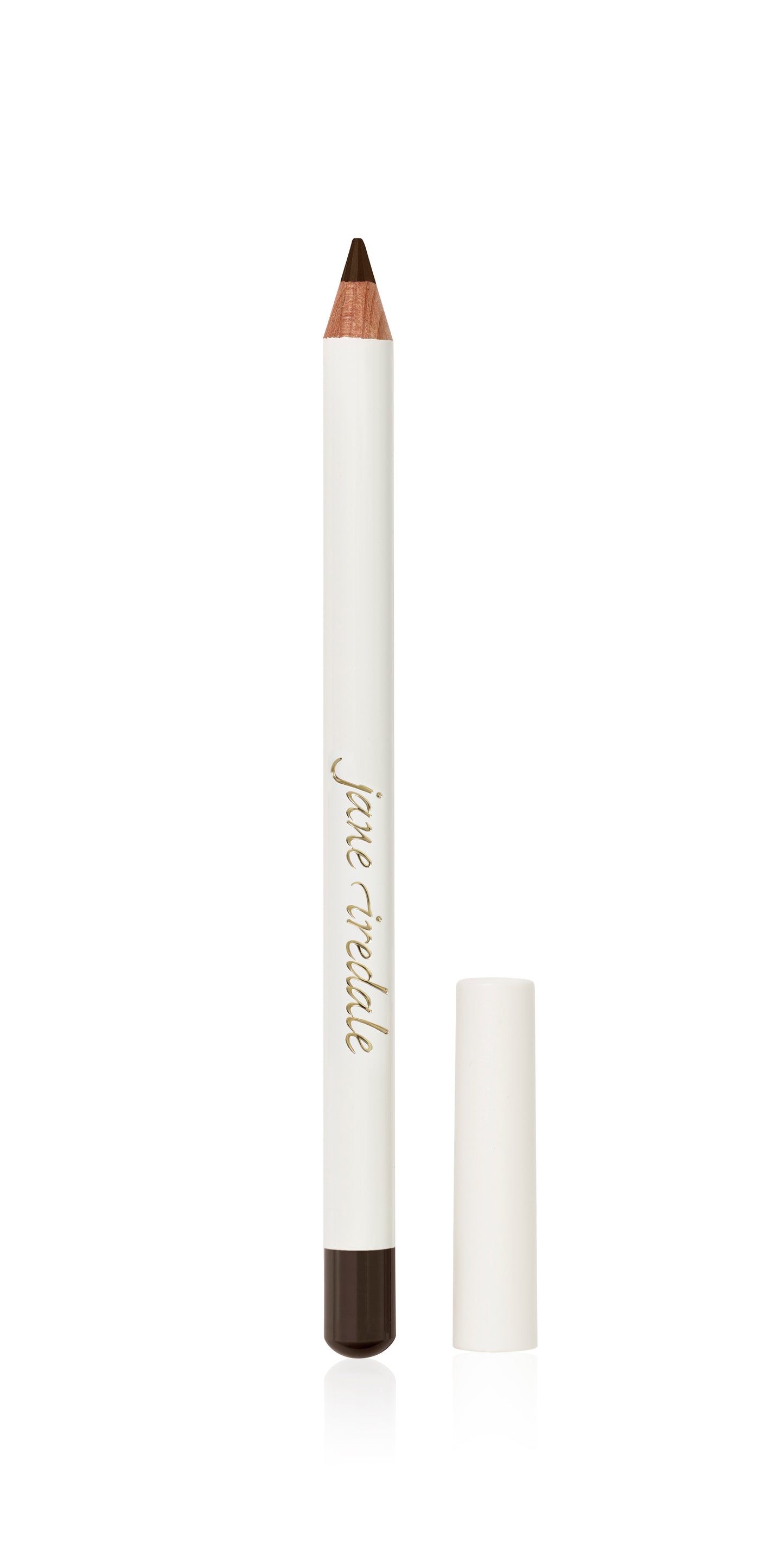 Jane Iredale Eye Pencil with a dark brown tip, cap removed, ideal for precise or smudged looks. Long-wearing, gentle on sensitive eyes.