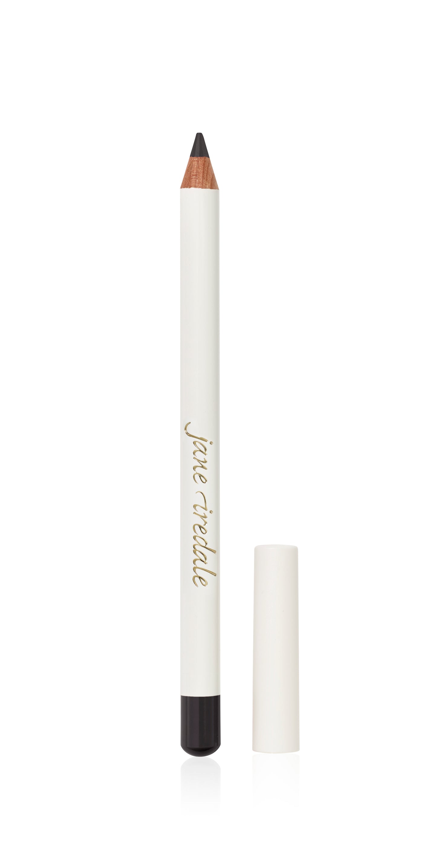 Jane Iredale Eye Pencil with a white barrel and sharpened black tip, offering smooth, irritation-free application for defined eyes. Includes a matching white cap.