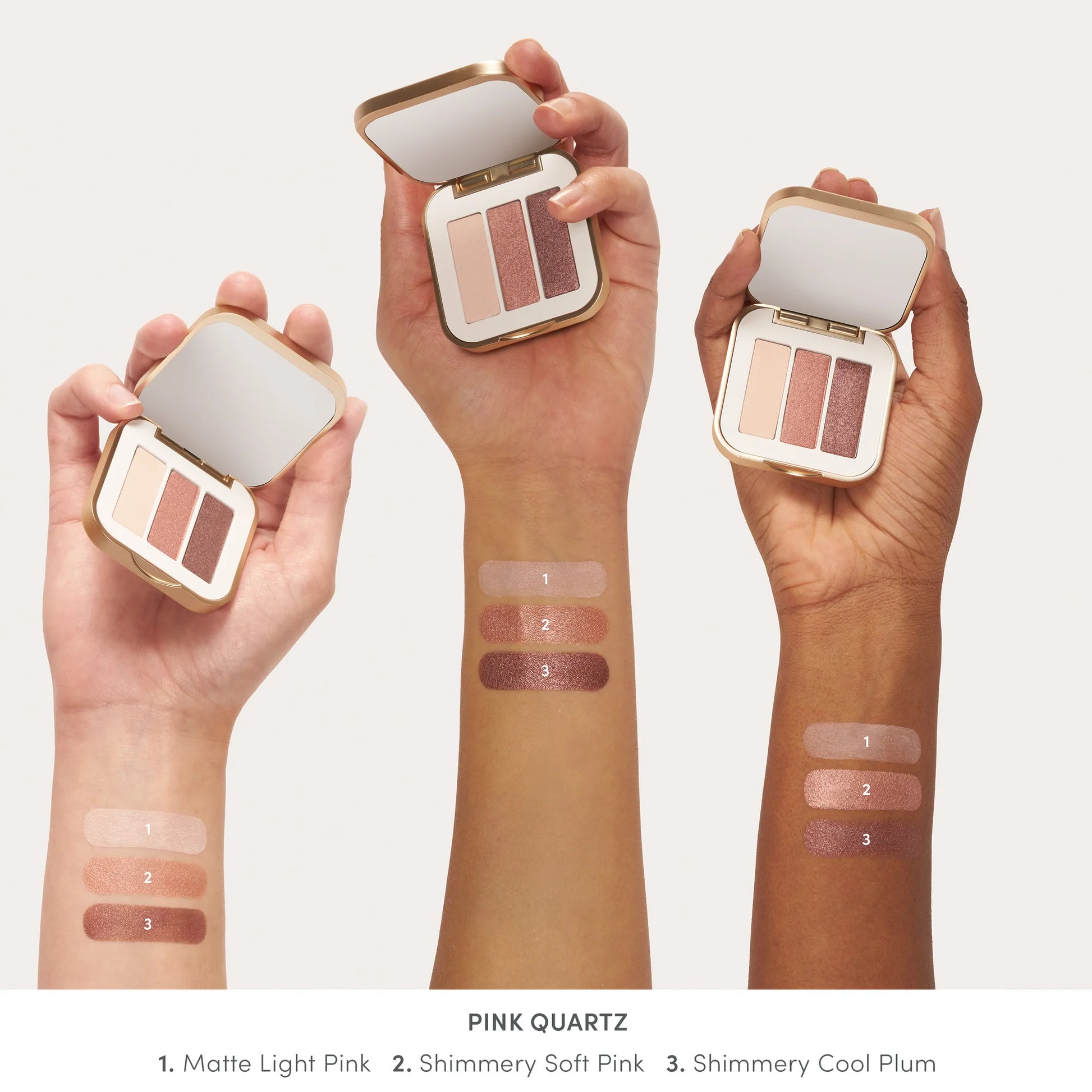 PurePressed® Eye Shadow Triple in PINK QUARTZ shown on diverse skin tones, featuring three shades in a gold compact with a mirror.