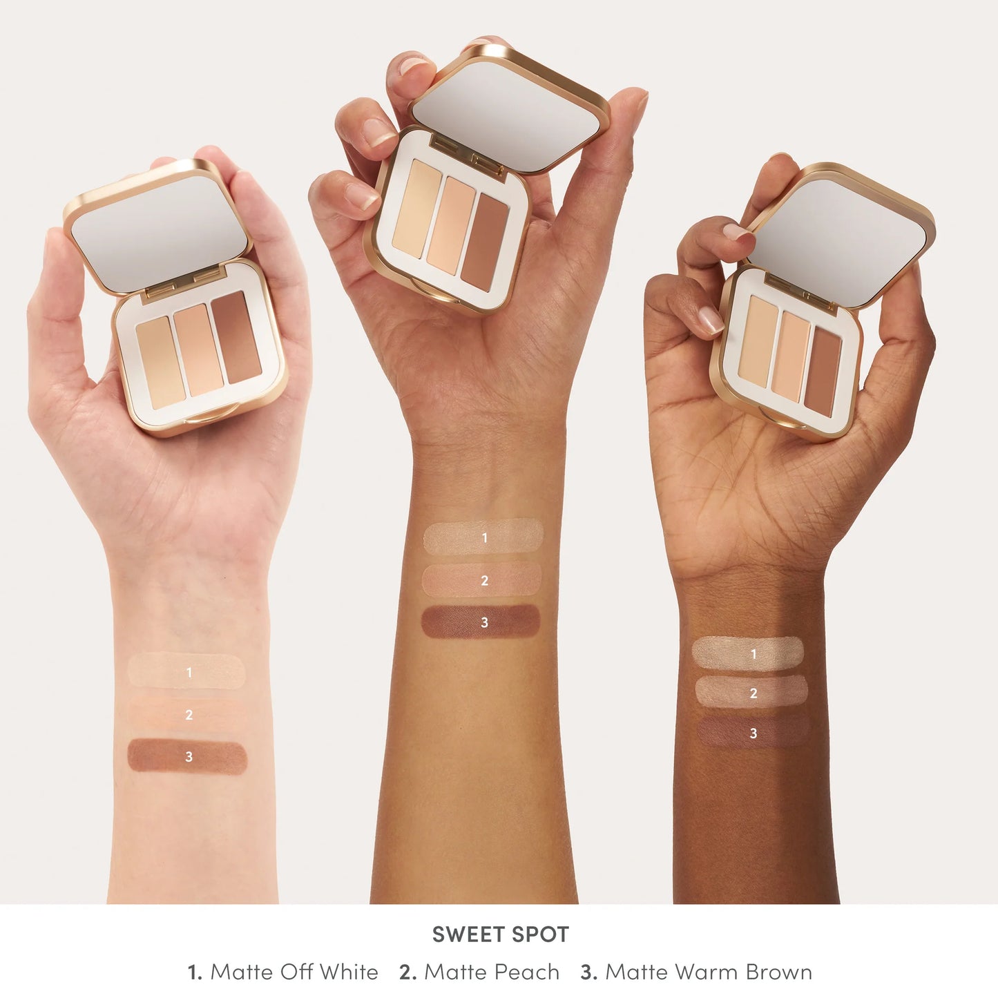 PurePressed® Eye Shadow Triple in Sweet Spot held open, showcasing three matte shades swatched on diverse skin tones. Trio offers versatile, talc-free, refillable eye looks.